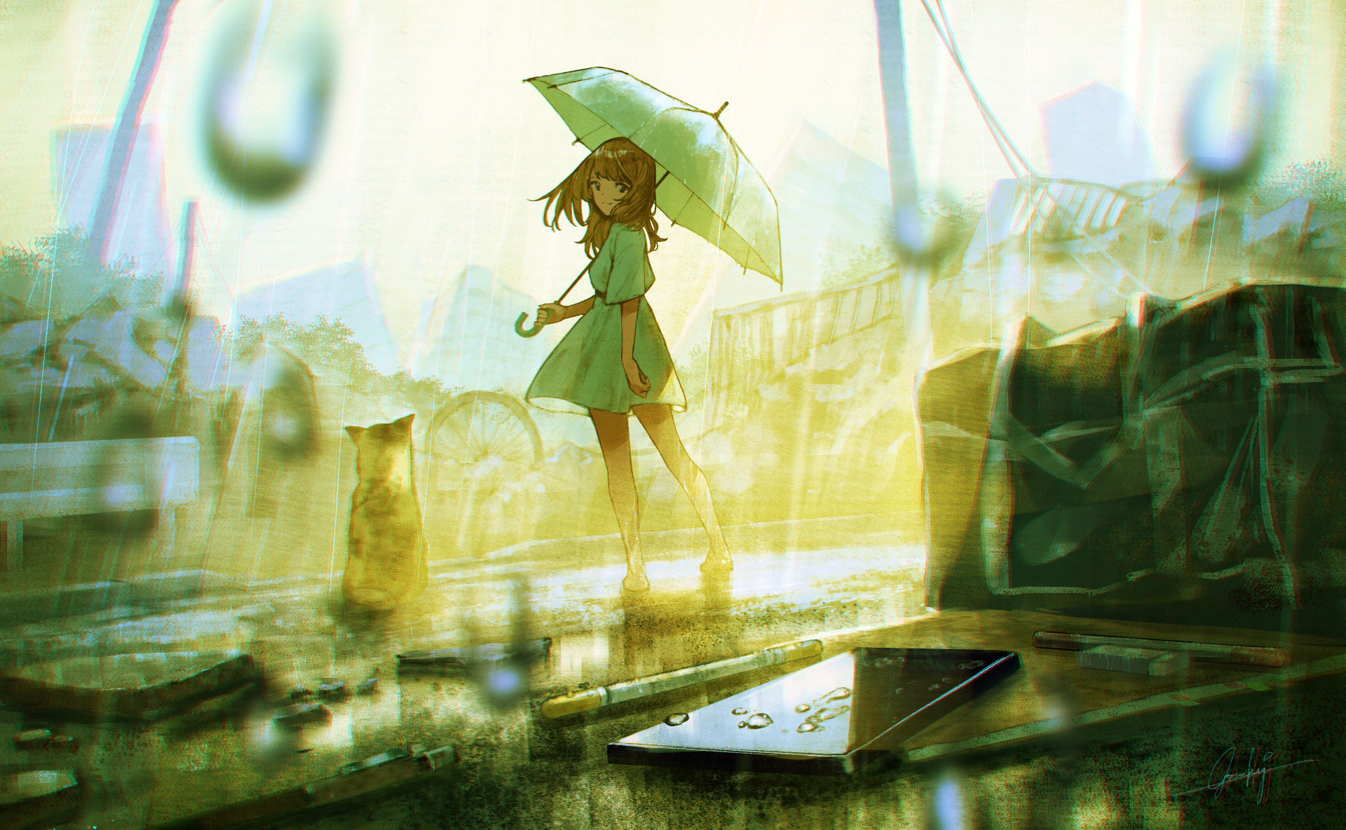 Anime Girls Original Characters Rain Umbrella Cats Goroku 1920x1184