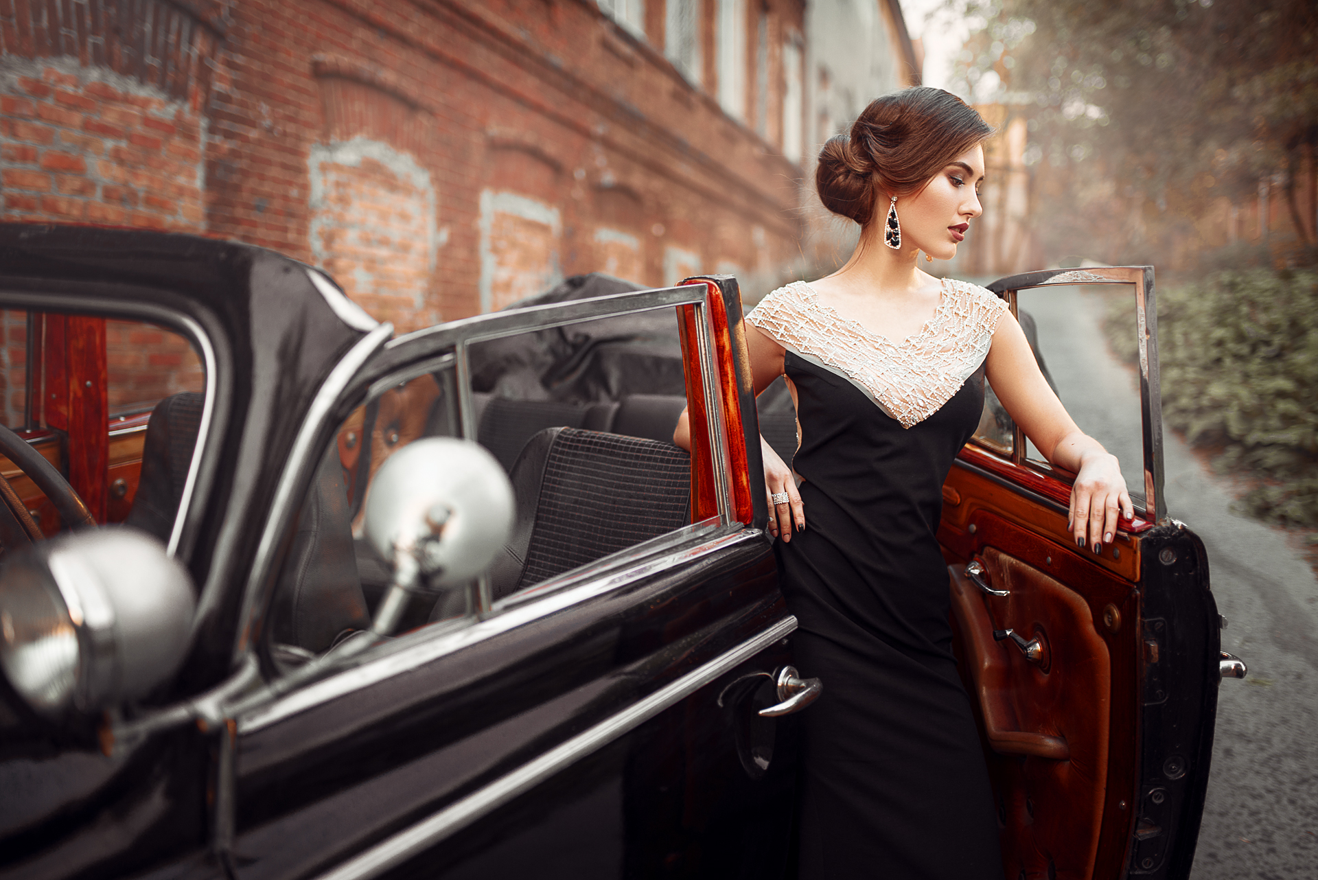 Women Model Brunette Long Hair Classic Car Cabrio Classy Black Dress Women Outdoors Car Building Hai 1920x1282