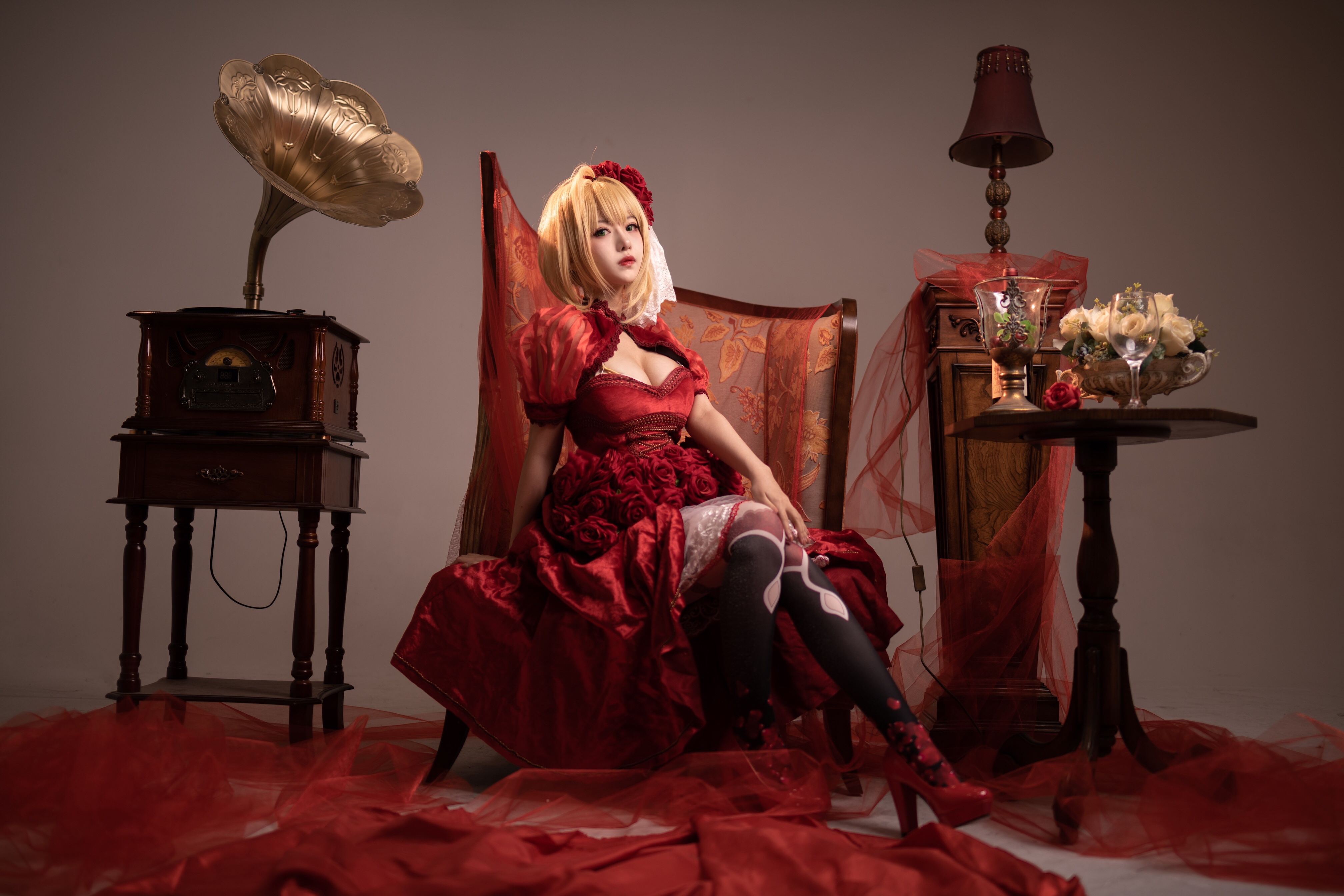 Asian Blonde Lolita Chair Retro Theme Red Wine Shika XiaoLu 4032x2688