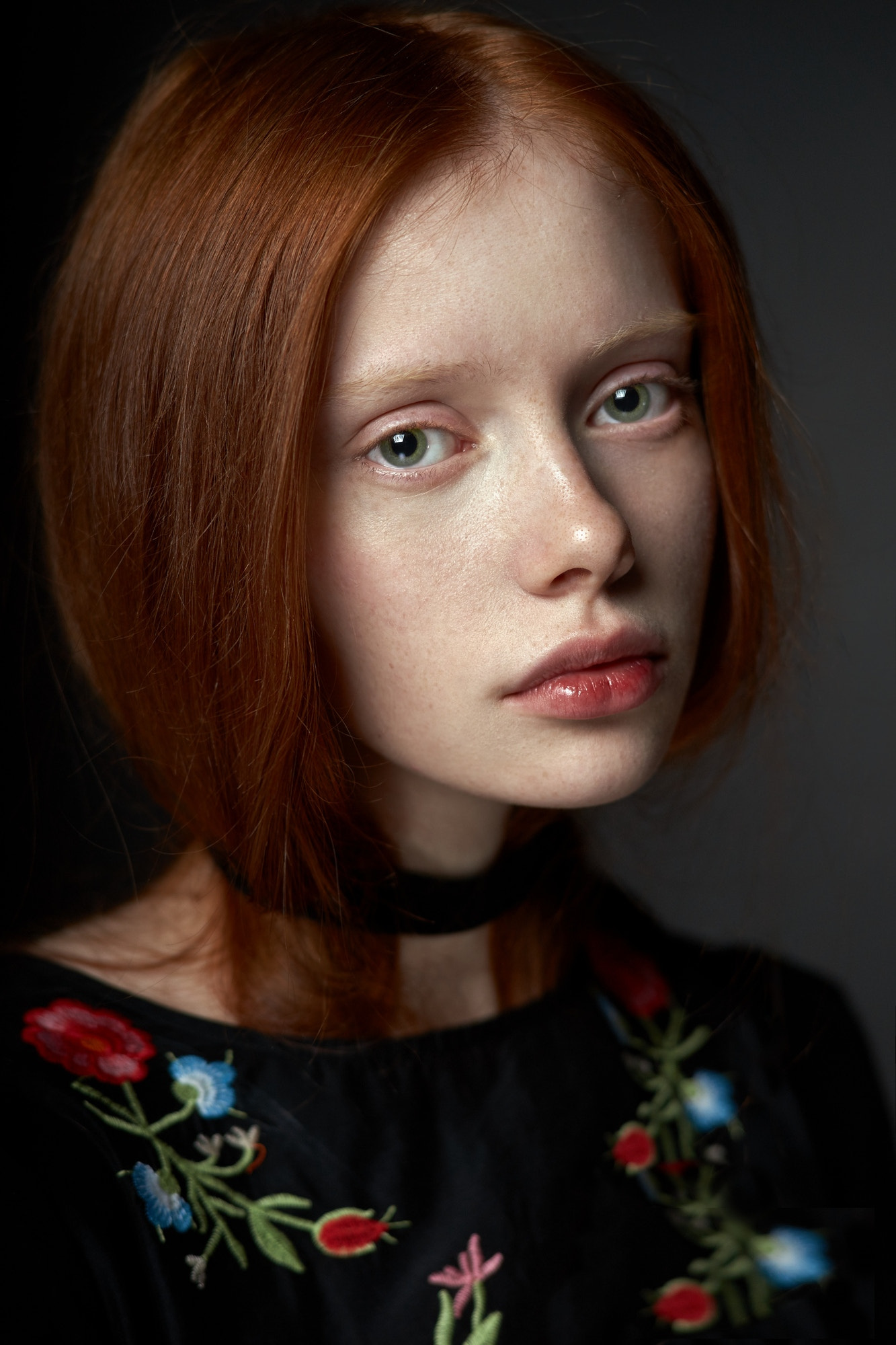 Alexander Vinogradov Women Redhead Blue Eyes Freckles Choker Black Clothing Simple Background Portra 1333x2000