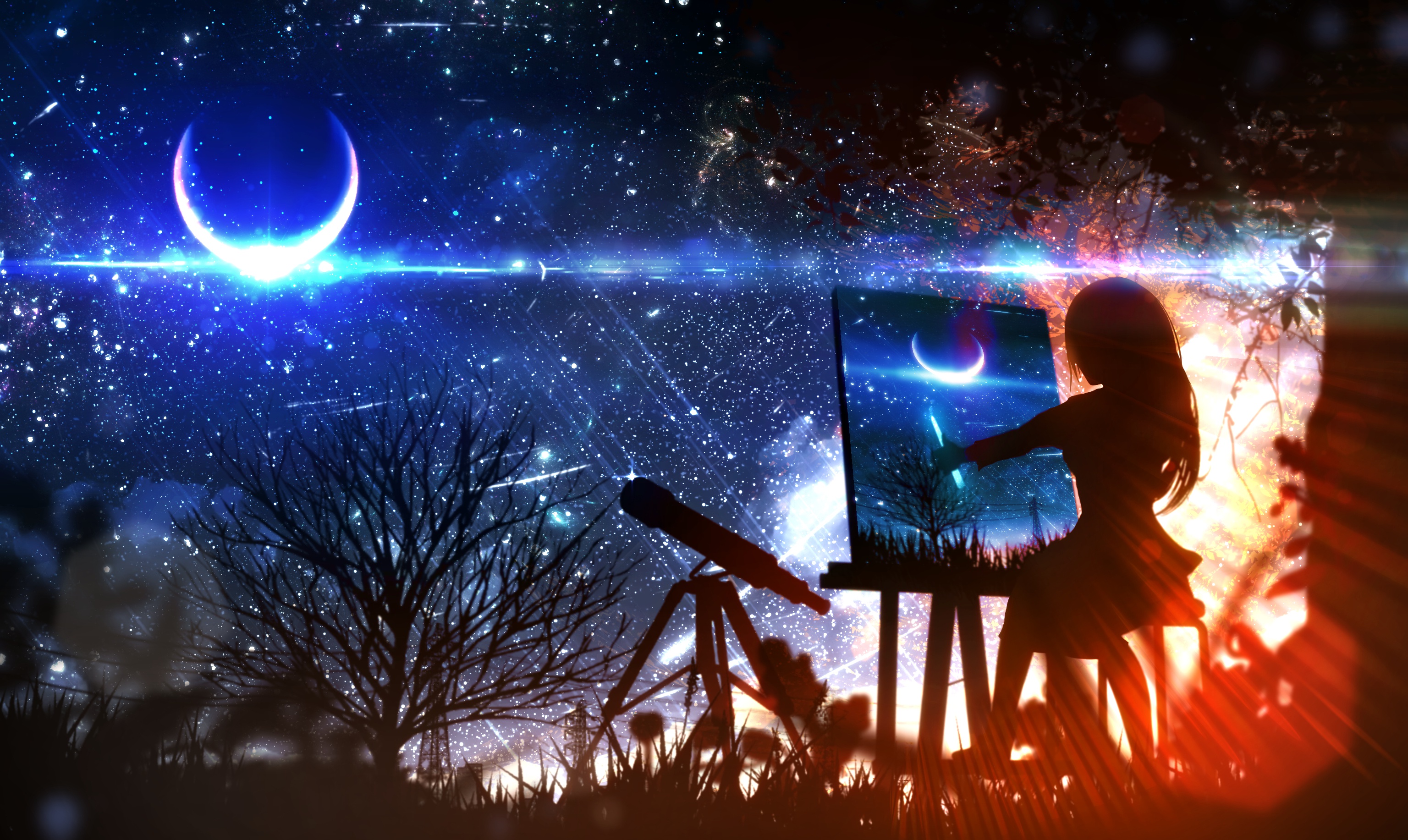 Girl Night Moon Telescope Stars Painting 3072x1833