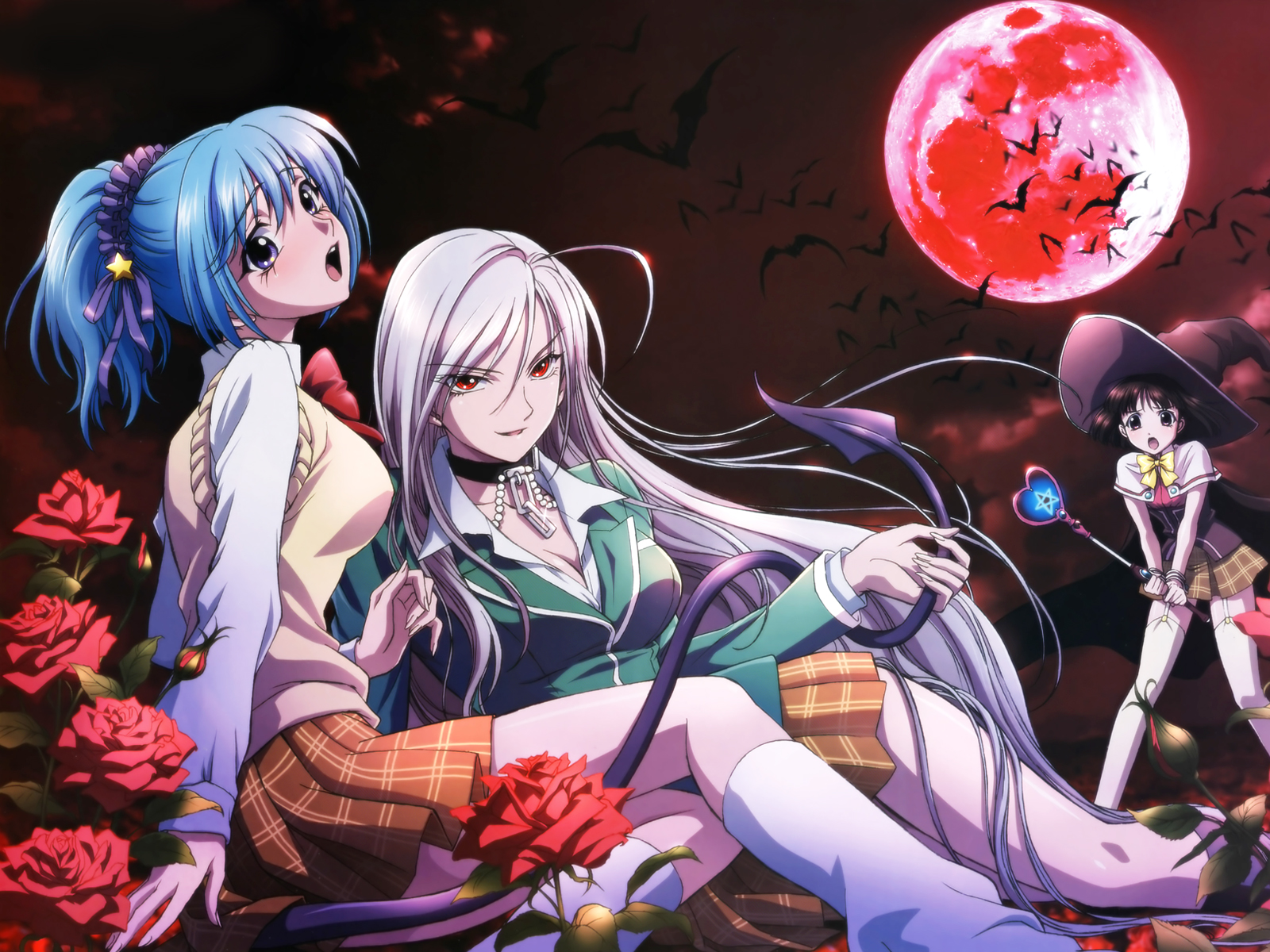 Rosario Vampire Akashiya Moka Kurono Kurumu Sendo Yukari Anime Series 2D Animation Roses Demon Witch 1600x1200