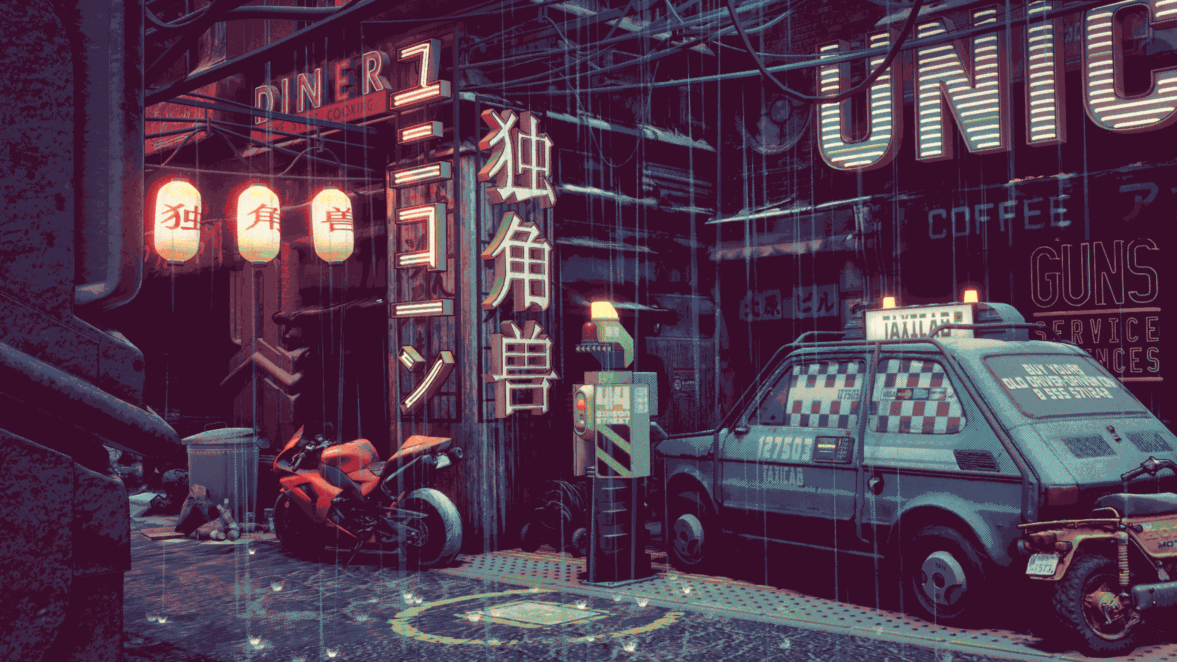 Artwork Digital Art Cyberpunk Blade Runner FiAT 126 Car Rain Motorcycle Japanese Street Wire 3840x2160