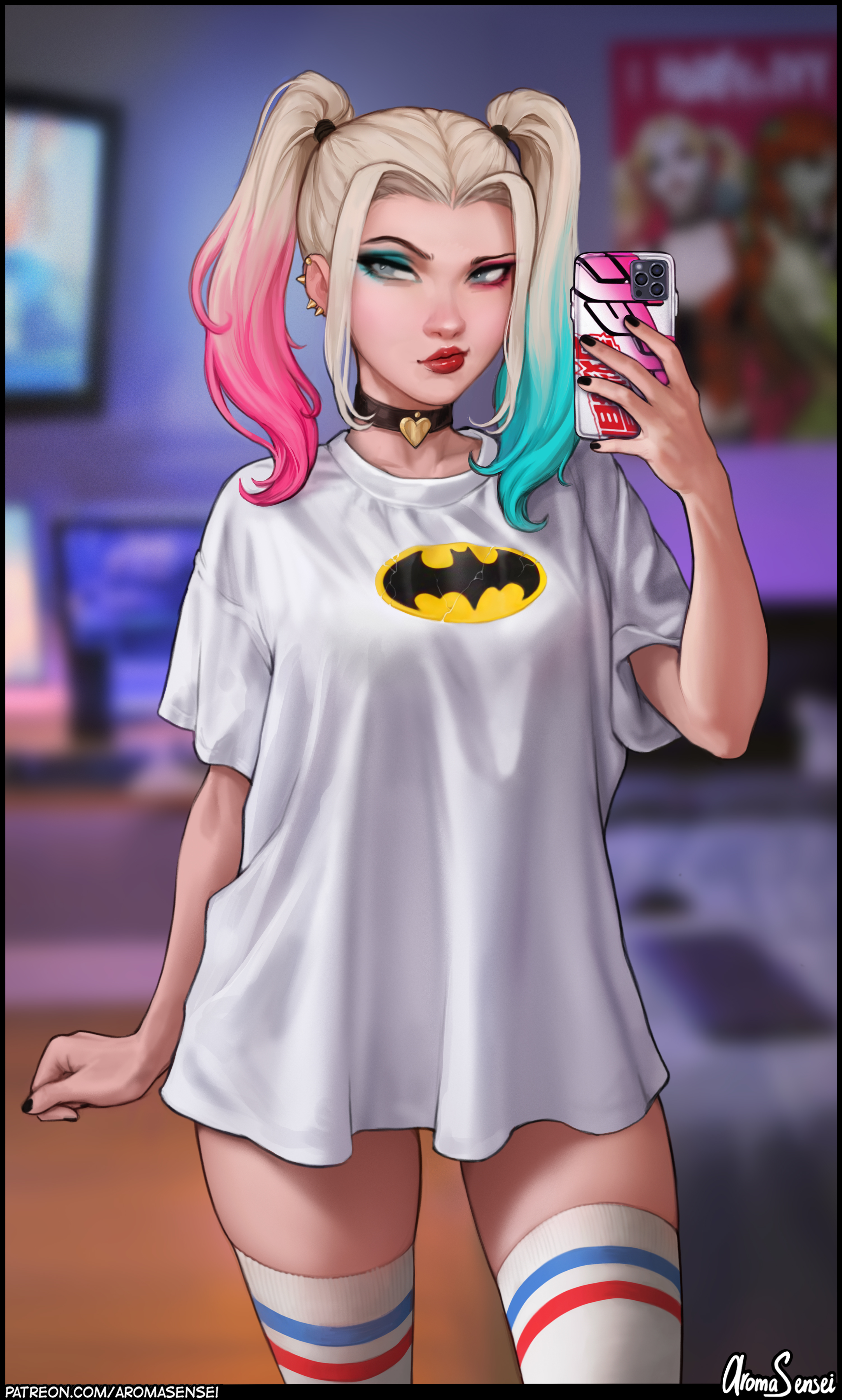Harley Quinn DC Comics Fictional Character Twintails T Shirt Thigh High Socks Cellphone Artwork Draw 3007x5000