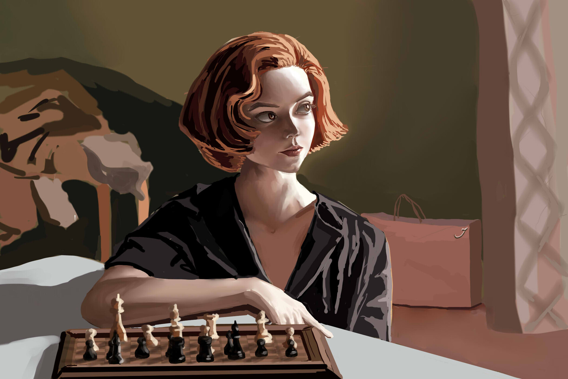 Dina Artist Looking Away Looking At The Side Chess Short Hair Digital Art Fan Art Beth Harmon Anya T 1920x1280