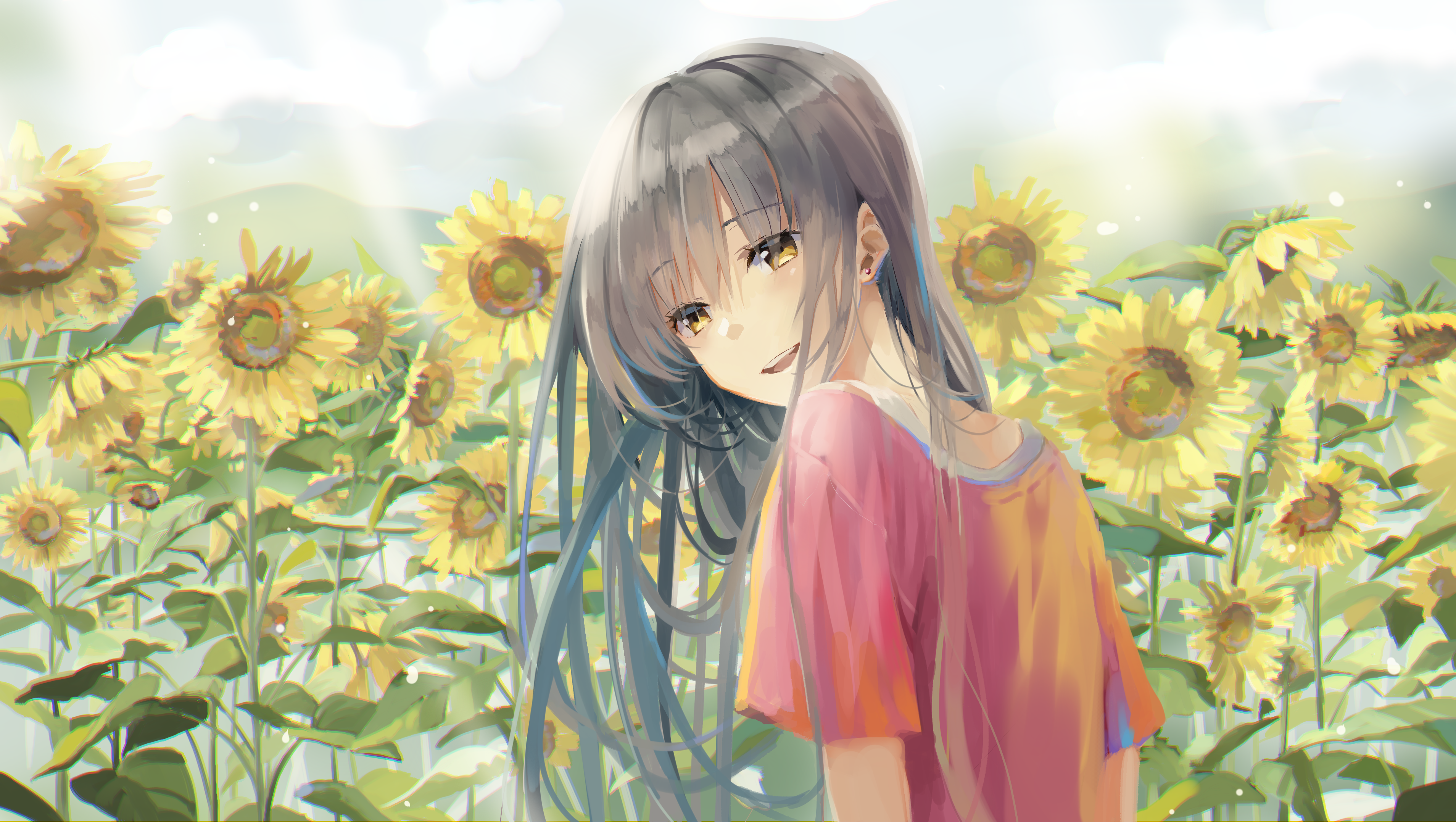 Naruse Chisato Anime Anime Girls Sunflowers Long Hair Dark Hair Yellow Eyes Smiling 3816x2154