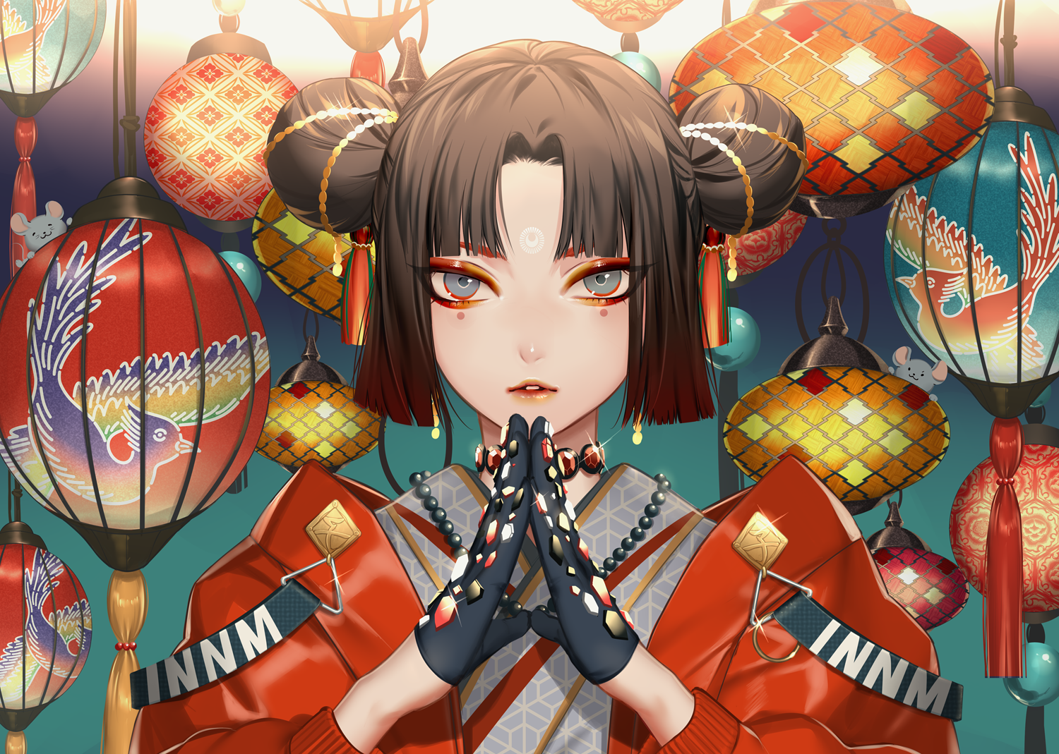 Anime Anime Girls Mice Gray Eyes Brunette Short Hair Red Dress Kimono Looking At Viewer Crystal Lant 1500x1069