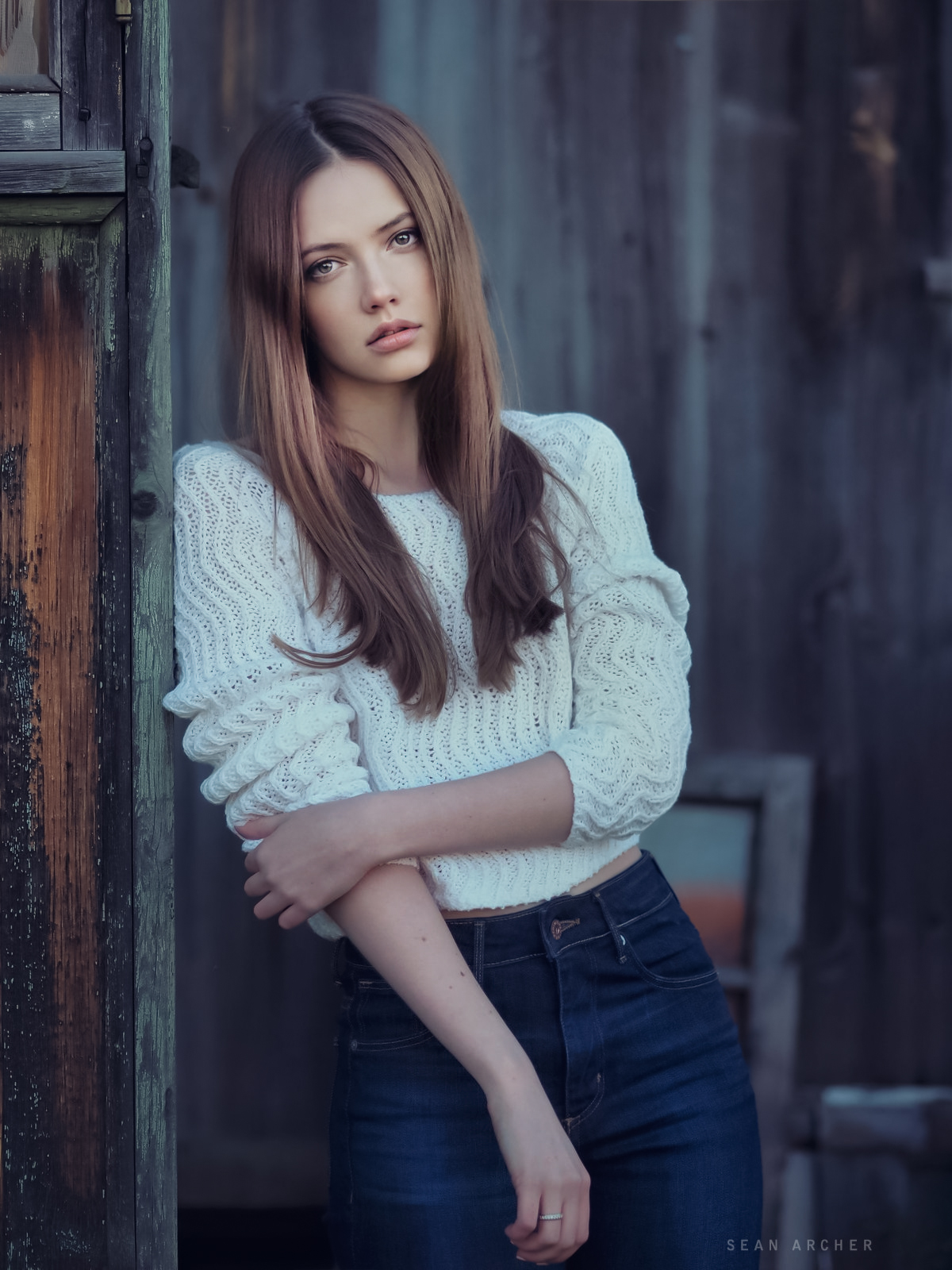 Women Brunette Long Hair Straight Hair Sweater Jeans Denim Wooden Surface 1200x1600