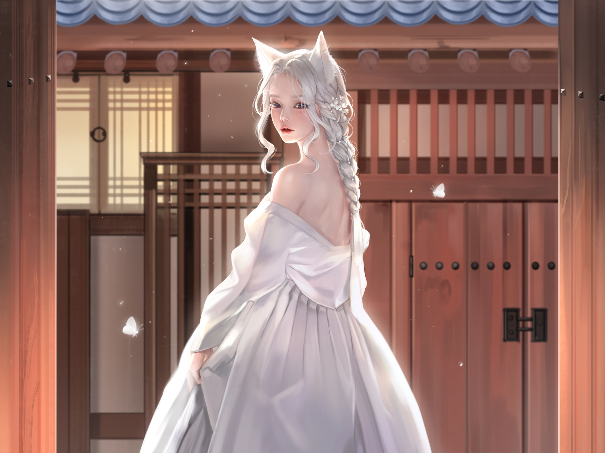 Kangagi97 Women Fox Girl Fantasy Girl White Hair Fox Ears Dress White Dress Artwork Fan Art Digital  2494x1870