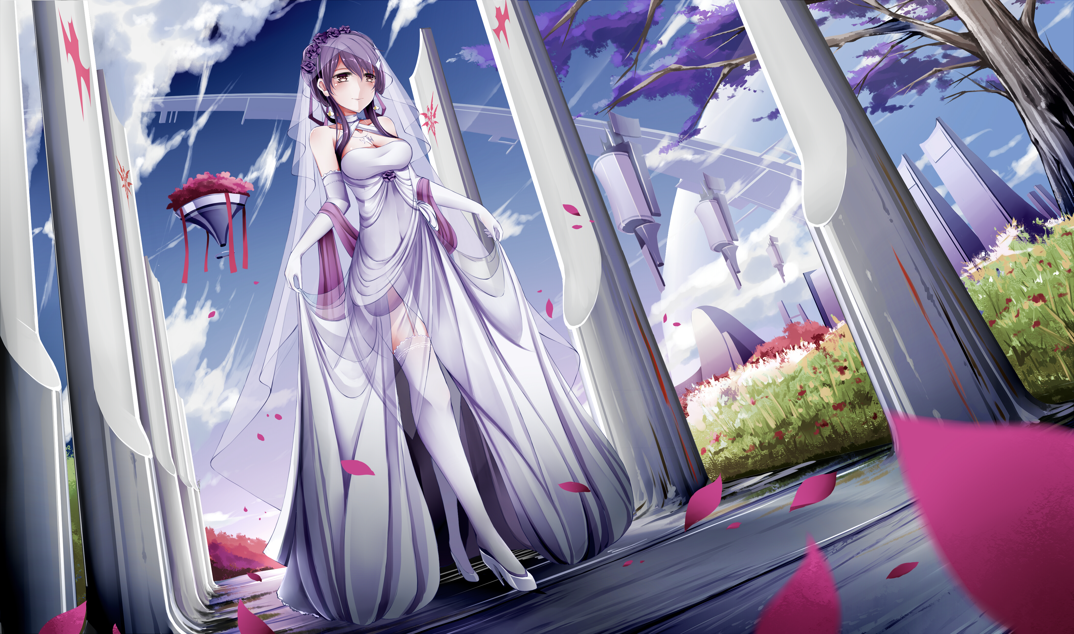 Anime Anime Girls Anotoki Ashi Artwork Wedding Dress Bridal Veil Thigh Highs Petals 4200x2480