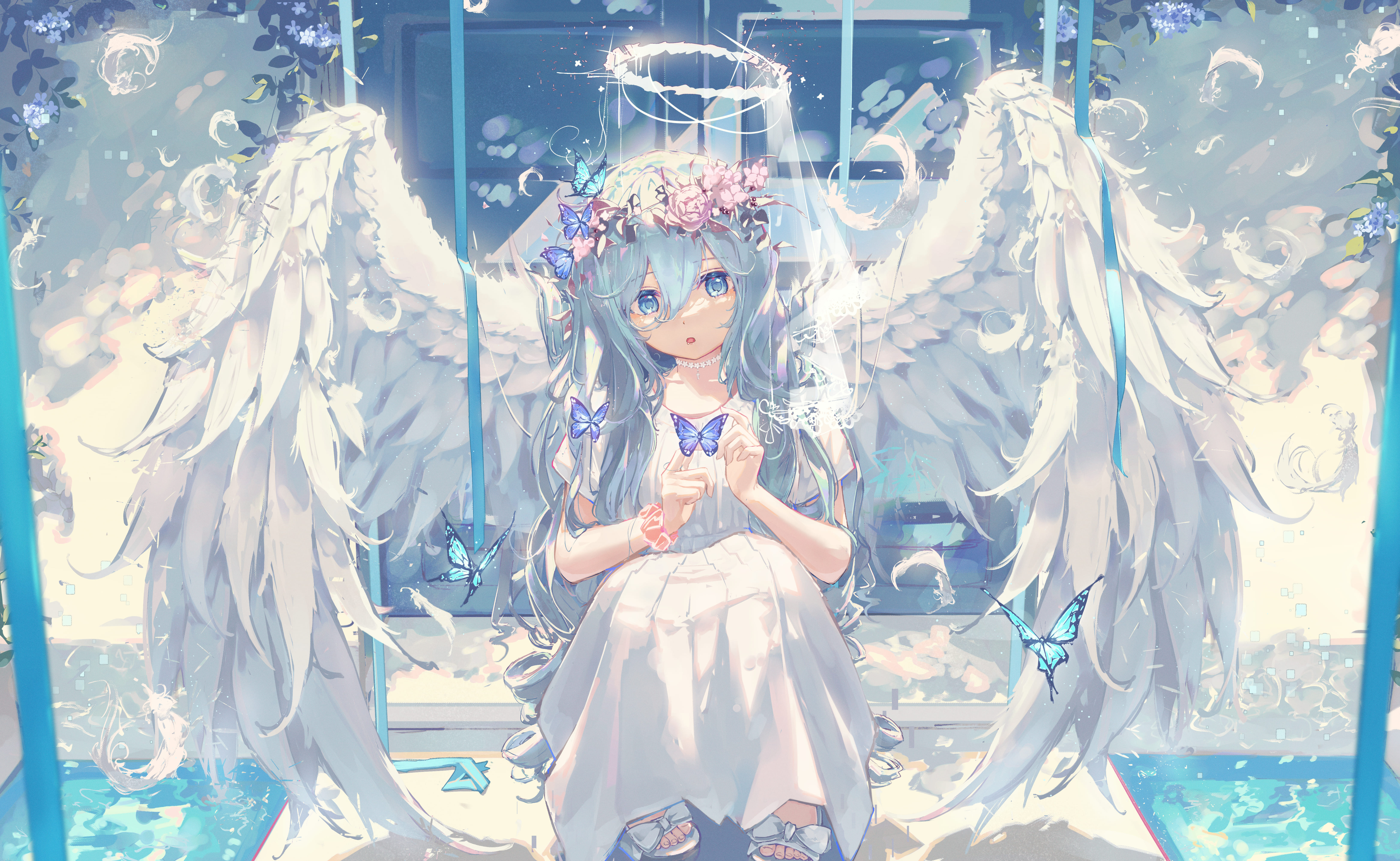Anime Anime Girls Fantasy Art Fantasy Girl Butterfly Wings Angel Flower Crown Dress White Dress Sitt 6535x4019