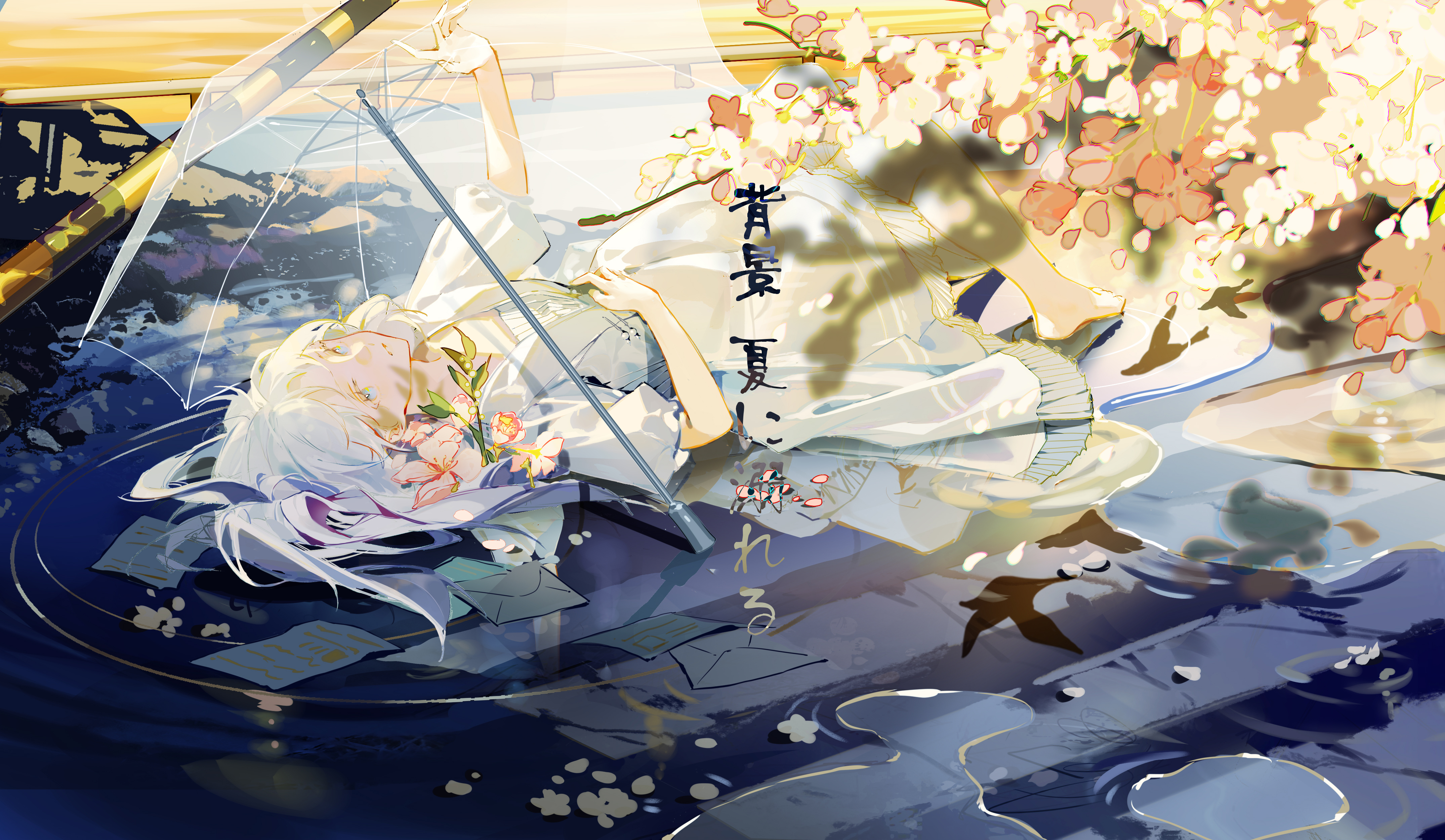 Syouko Anime Girls Illustration Artwork White Hair Lying Down White Dress Flowers Japanese 4300x2500