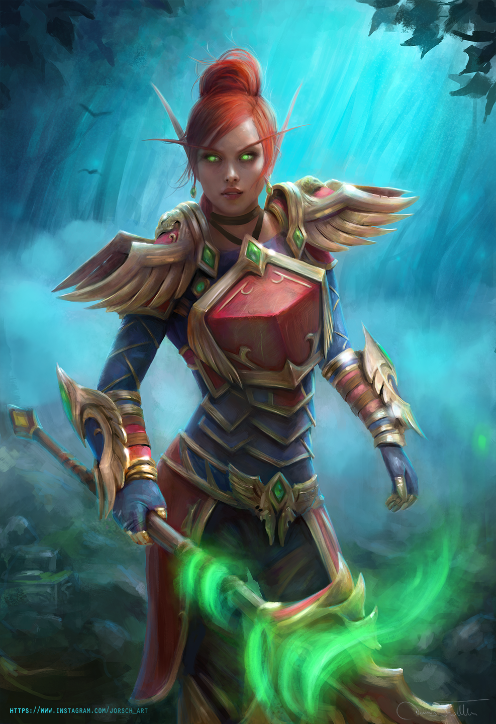 Jorsch Drawing Warcraft Women Blood Elves Armor Redhead Pointy Ears Elves Green Eyes Weapon Forest F 987x1440