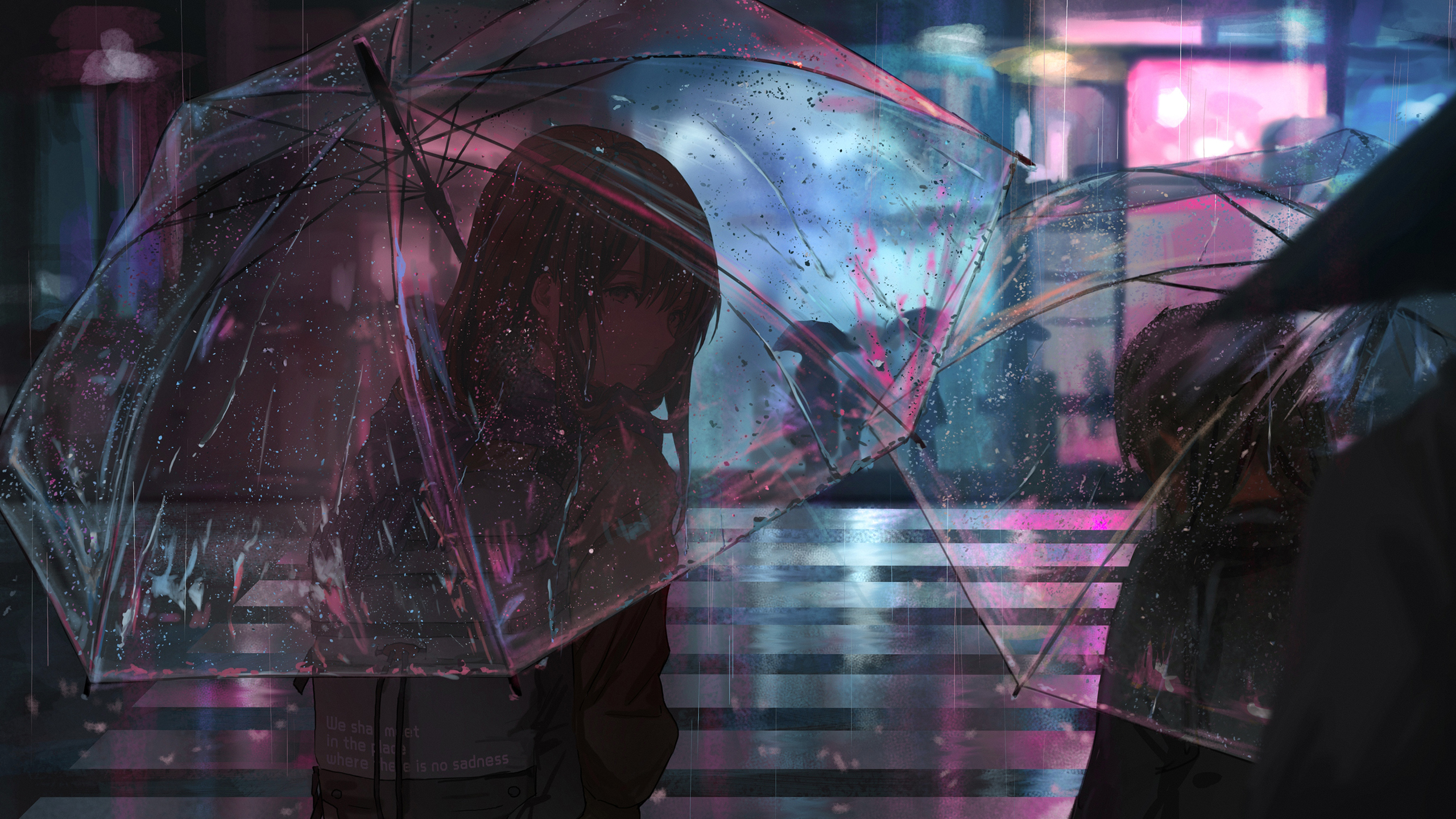 Anime Girls Umbrella Rain Night Crosswalk Artwork Catzz 2560x1440
