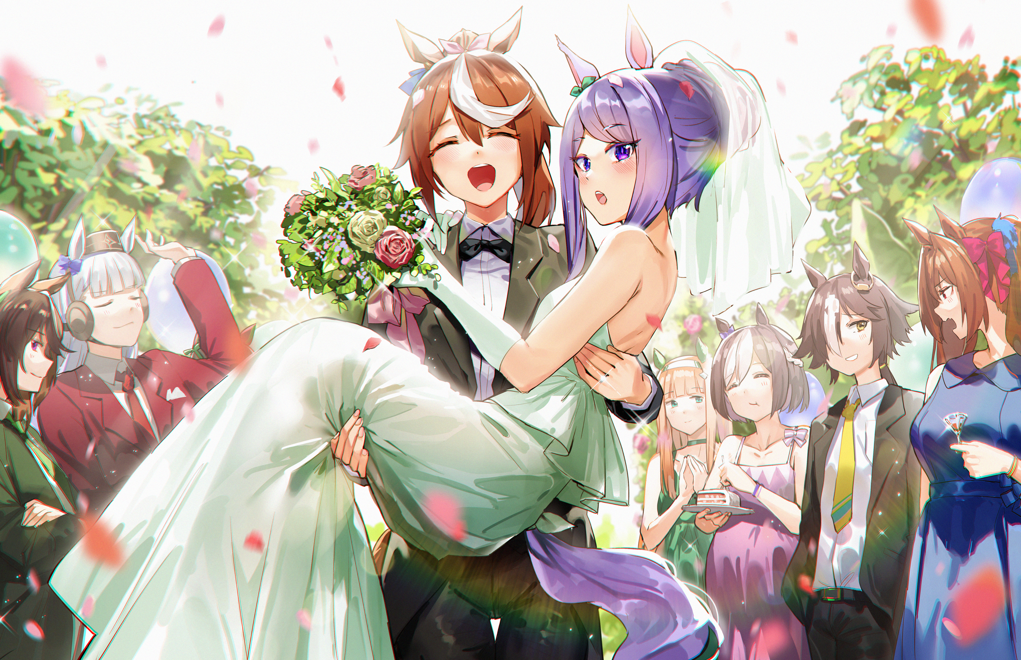 Uma Musume Pretty Derby Wedding Dress Couple Tail Animal Ears Bicolored Hair Rose Petals Blushing Cl 3561x2302