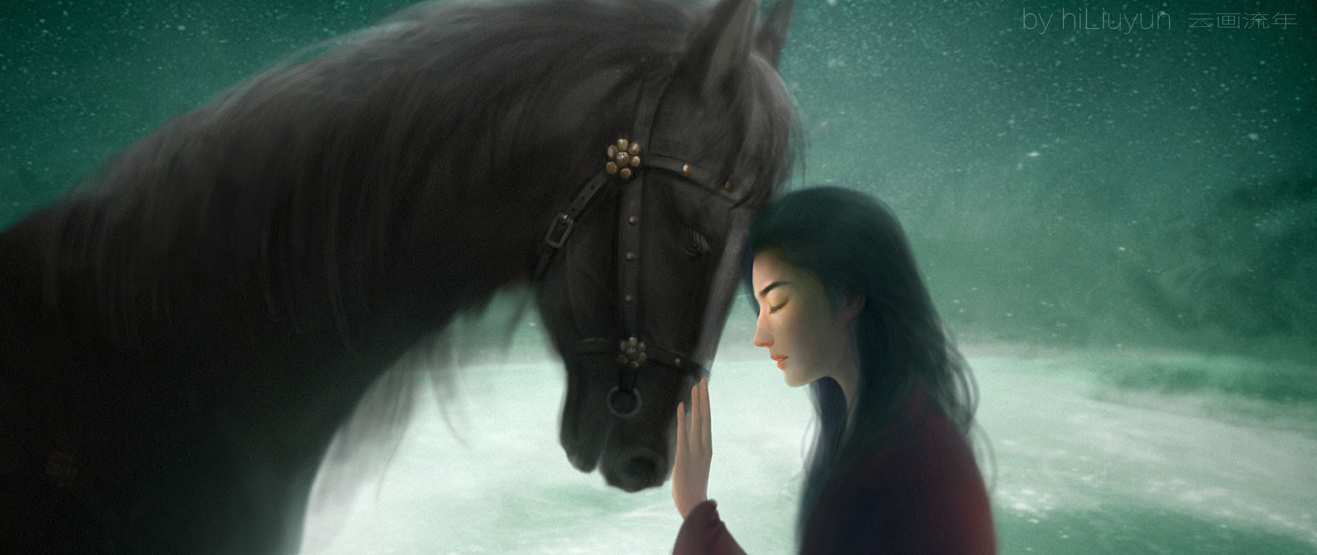 Mulan WuXia Fantasy Girl Horse Starry Night Source Lake Asia Crystal Ancient Sad 1920x810