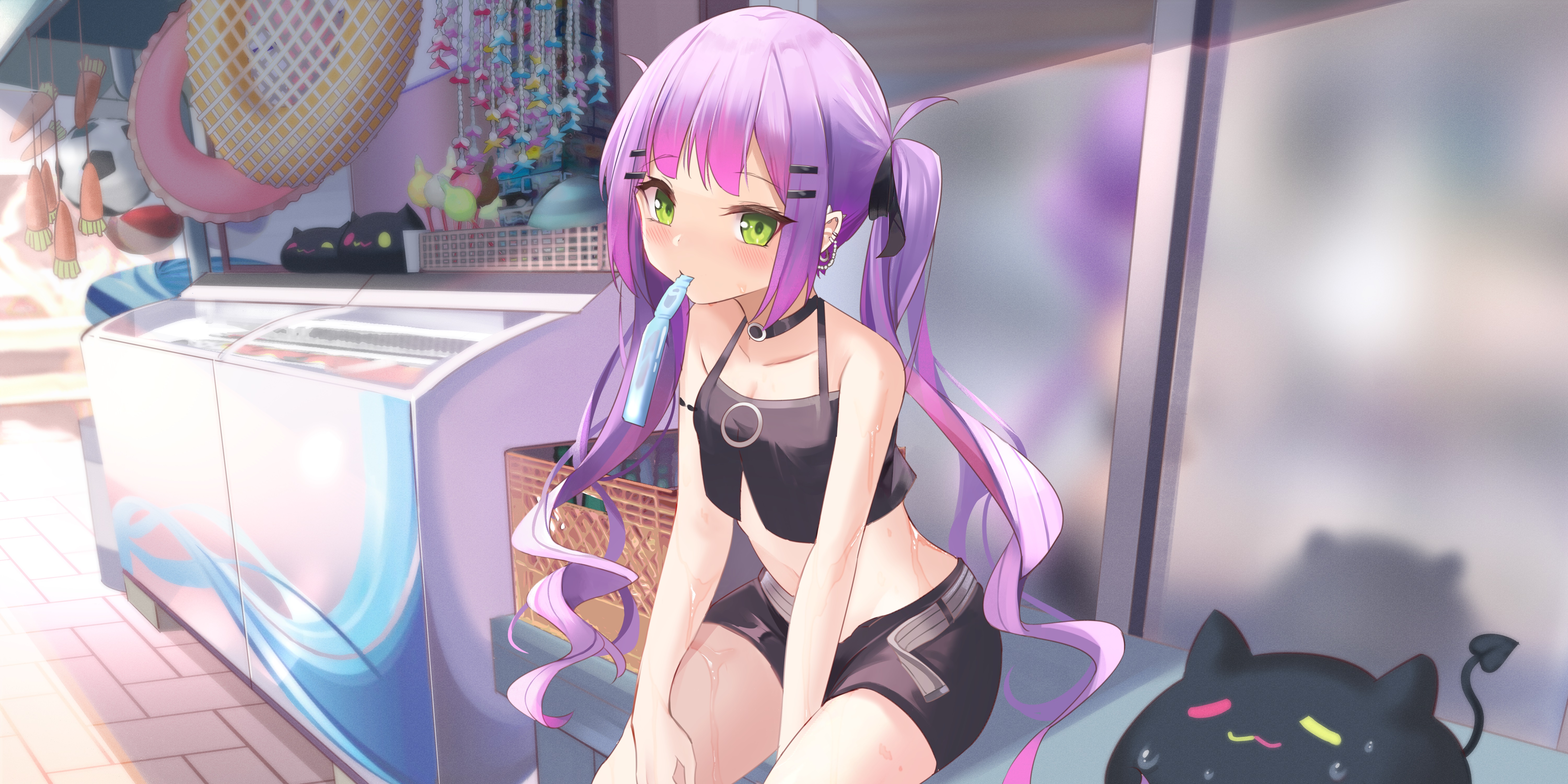 Anime Anime Girls KanaNote Artwork Virtual Youtuber Hololive Tokoyami Towa Twintails Purple Hair Gre 6000x3000