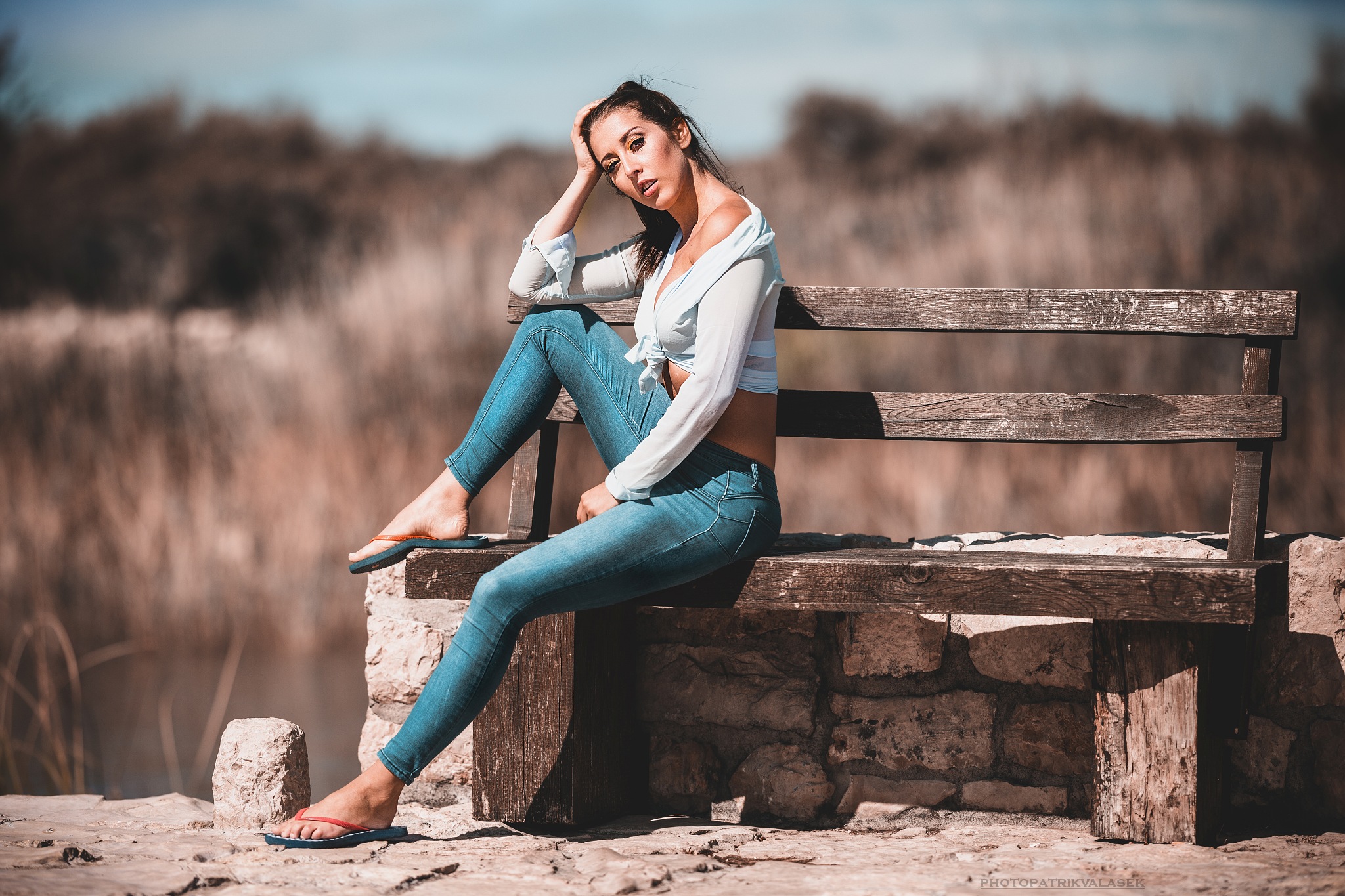 Patrik Valasek Model Brunette Jeans Women Short Tops Flip Flops Clouds Bench Sitting Women Outdoors  2048x1365
