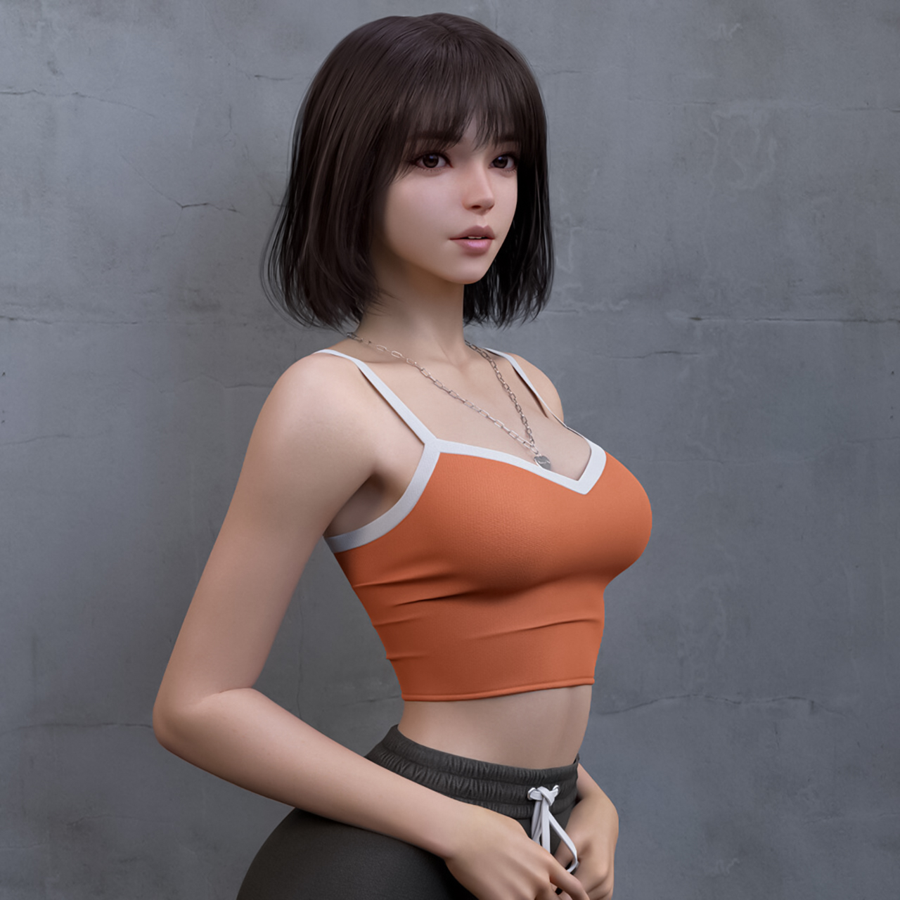Shin JeongHo CGi Women Brunette Shoulder Length Hair Bangs Straight Hair Tank Top Orange Clothing Ne 1280x1280