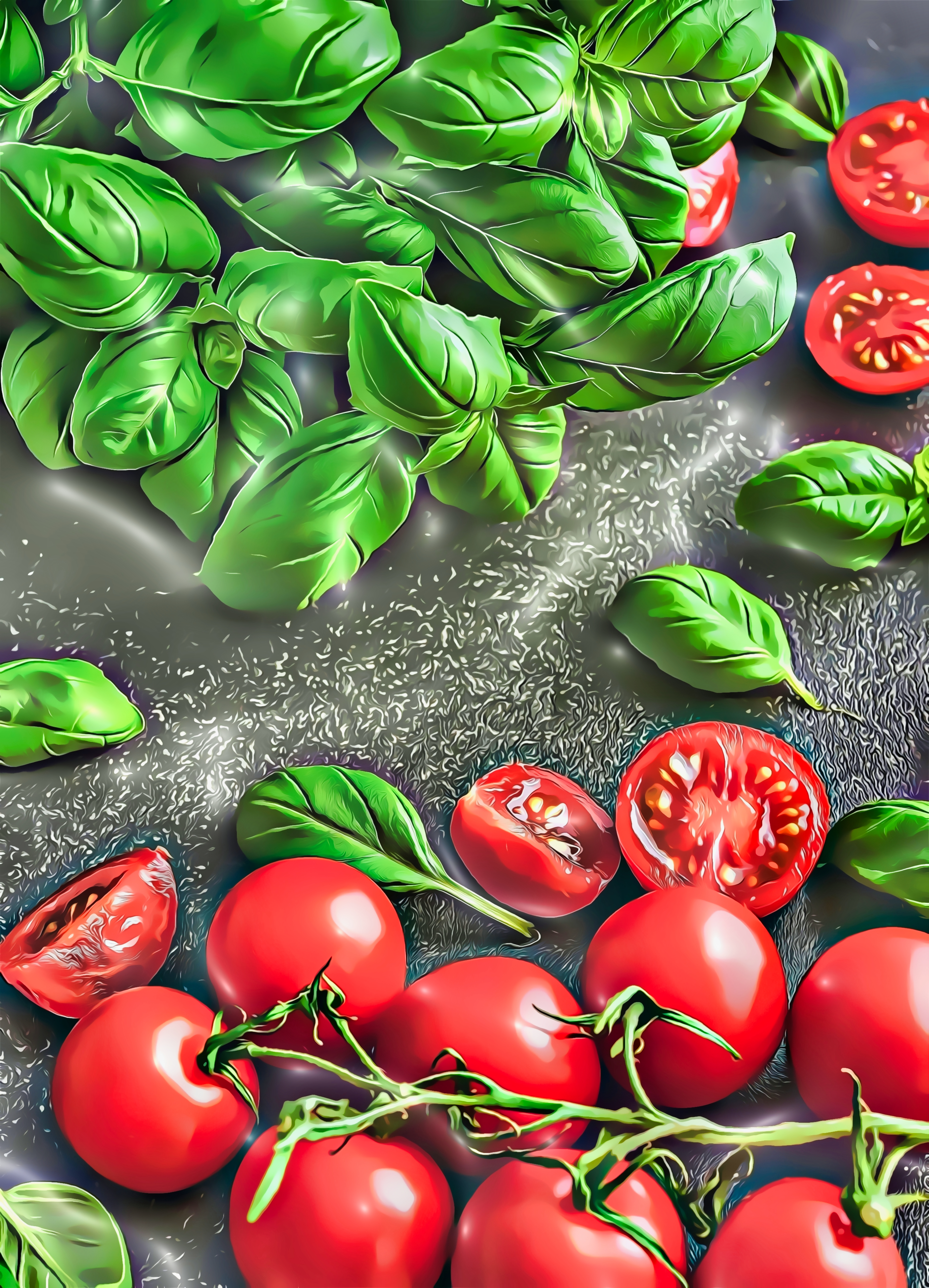 Still Life Painting Artwork Digital Art Illustration Food Plants Leaves Herb Tomatoes Basil 4096x5675