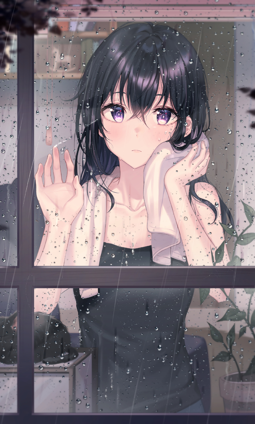Rain Anime Anime Girls Window Tokkyu Artista Artwork Dark Hair Purple Eyes  Wallpaper - Resolution:1024x1701 - ID:1235361 