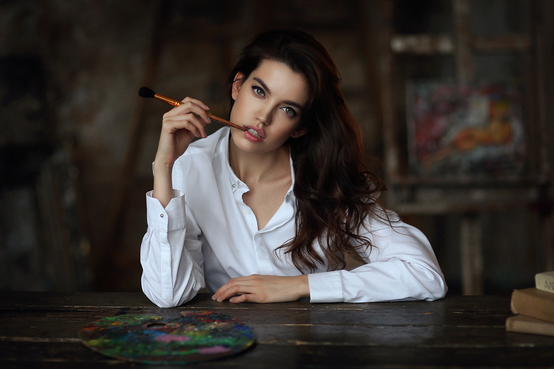 Women Model Women Indoors Indoors Brunette Long Hair Looking At Viewer Paint Brushes Blouse White Cl 1920x1280