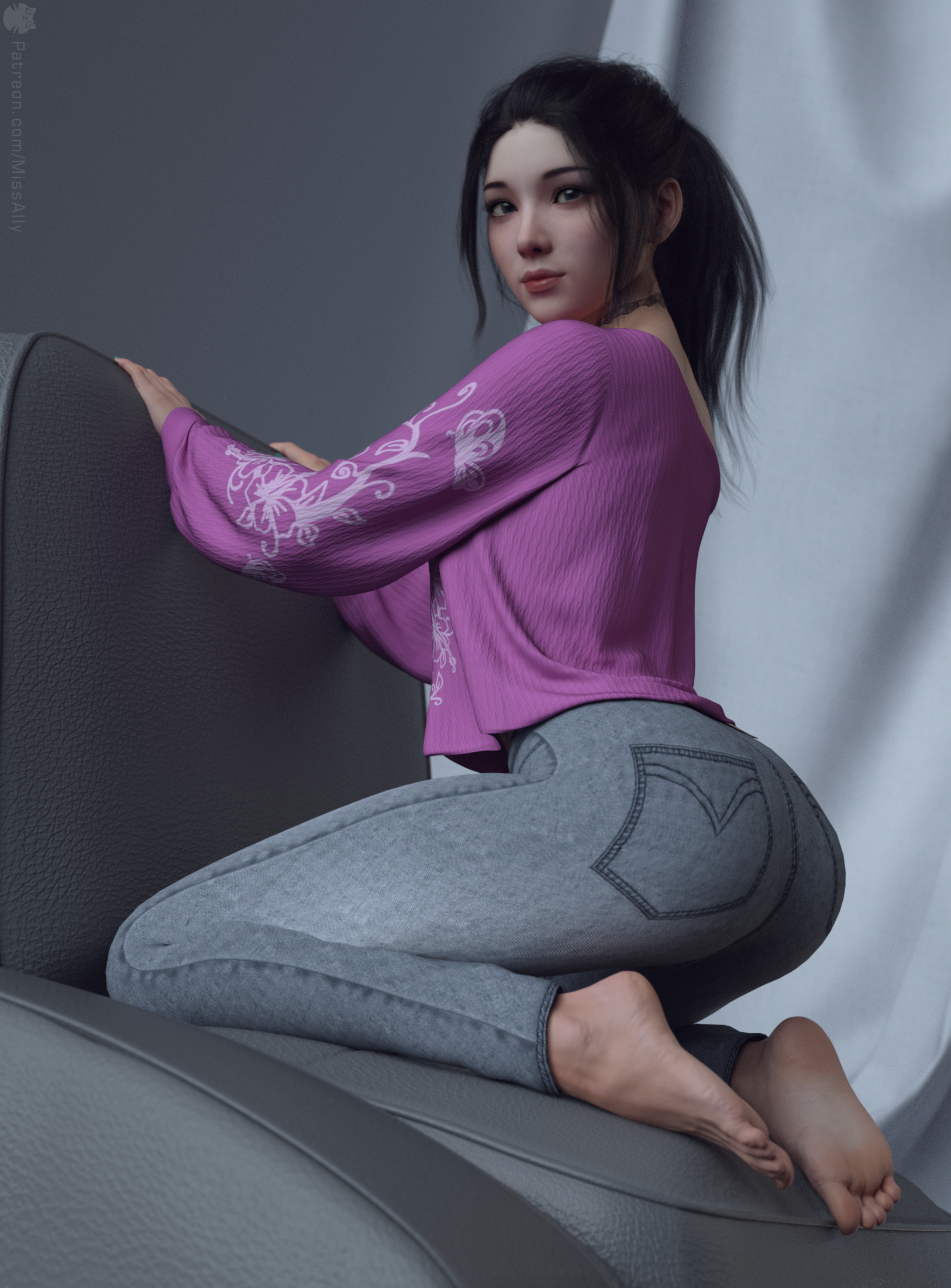 Miss Ally Original Characters Fictional Character Brunette Ponytail Sweater Jeans Bare Shoulders Bar 1626x2200