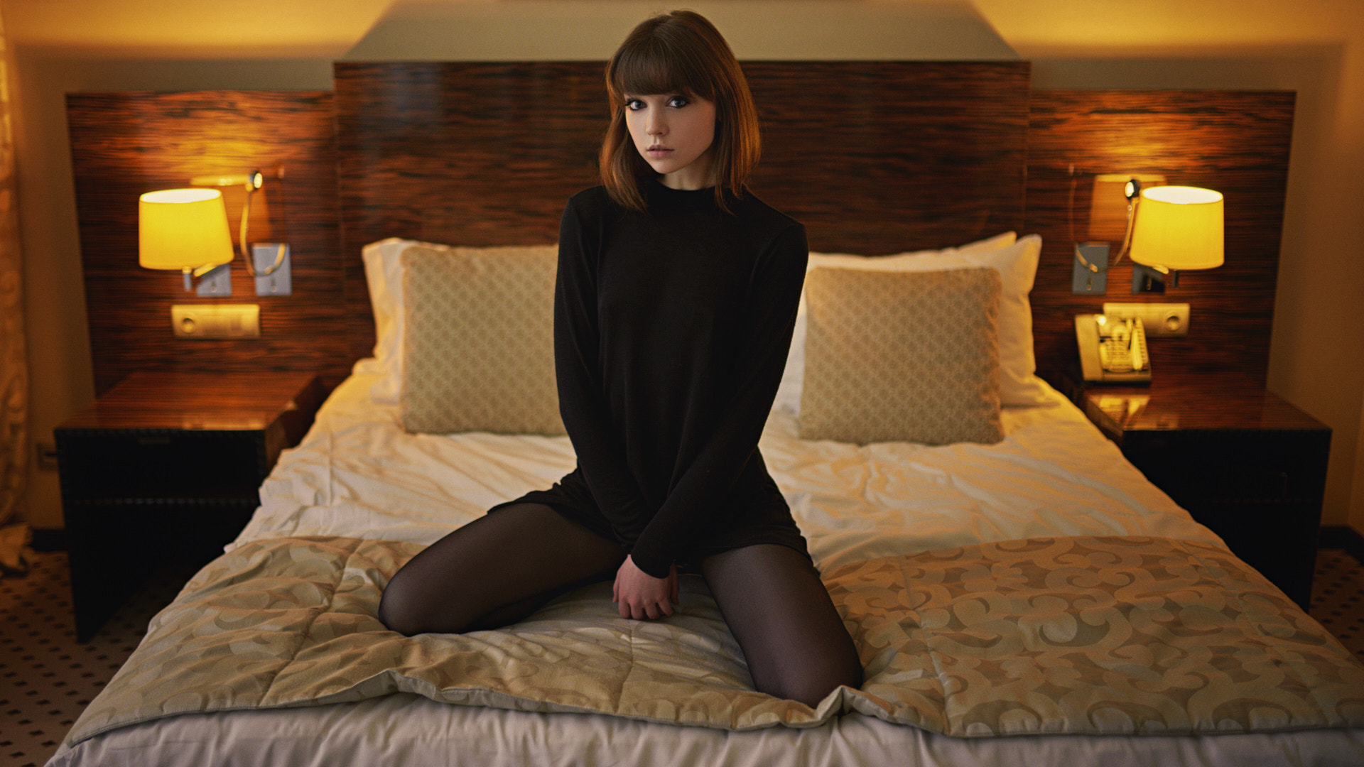 Sergey Zhirnov Women Olya Pushkina Brunette Black Clothing Bed Warm Light 1920x1080