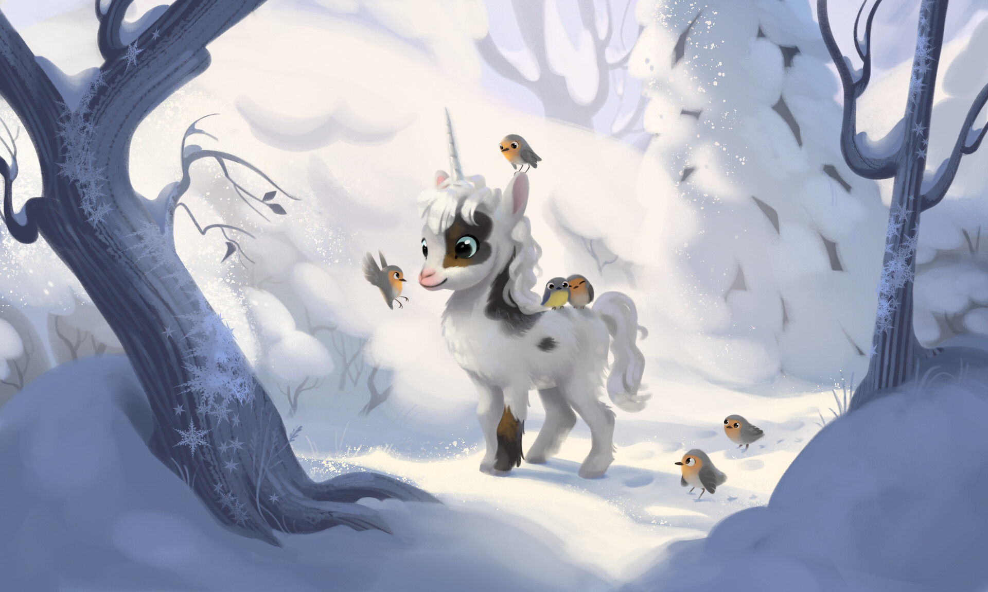 Digital Art Unicorn Fantasy Art Snow Birds Forest Simone Fohl 1920x1150
