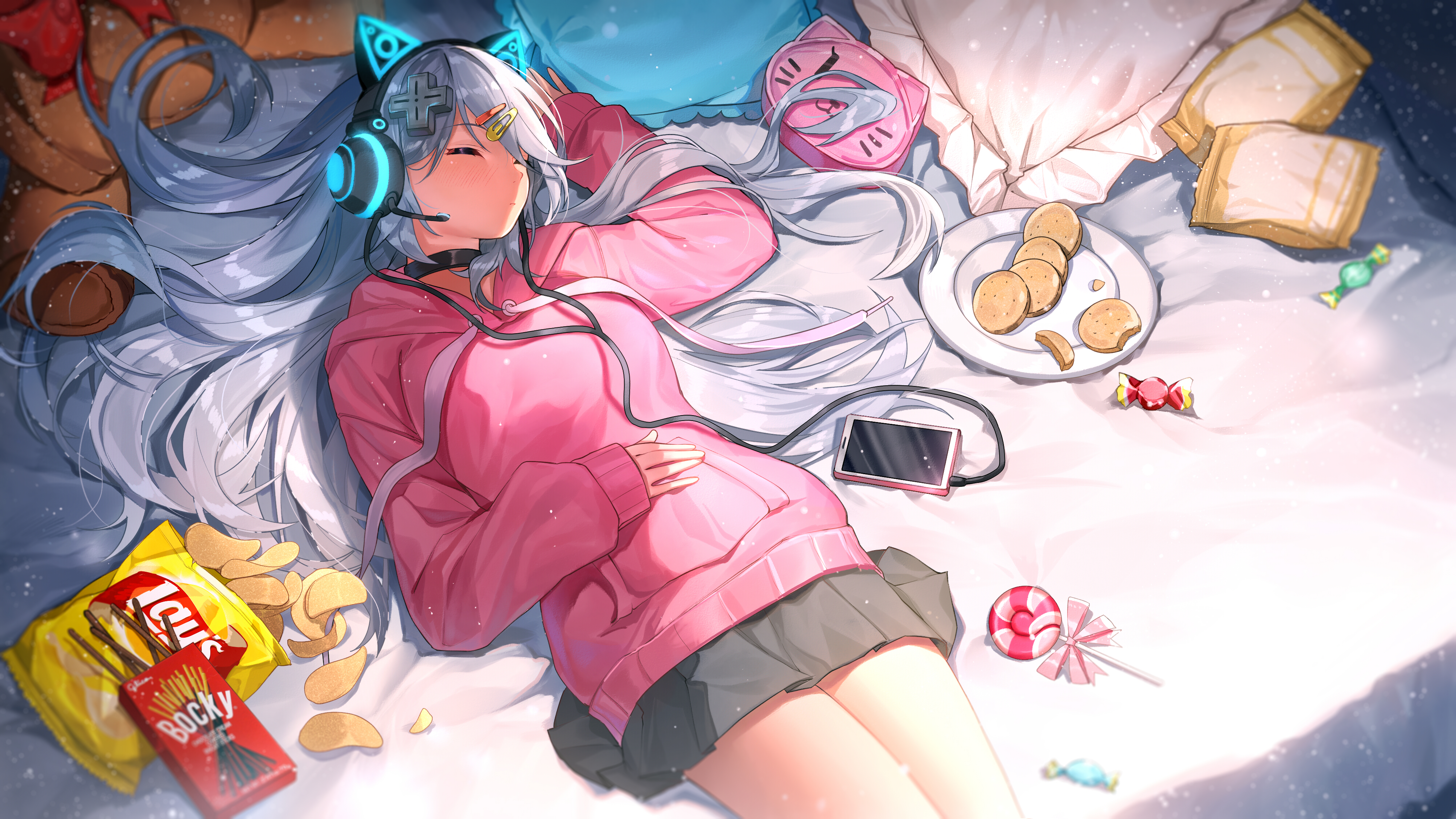 Anime Girls In Bed Lying Down Headphones Chips Long Hair Virtual Youtuber Ihachisu 4000x2249