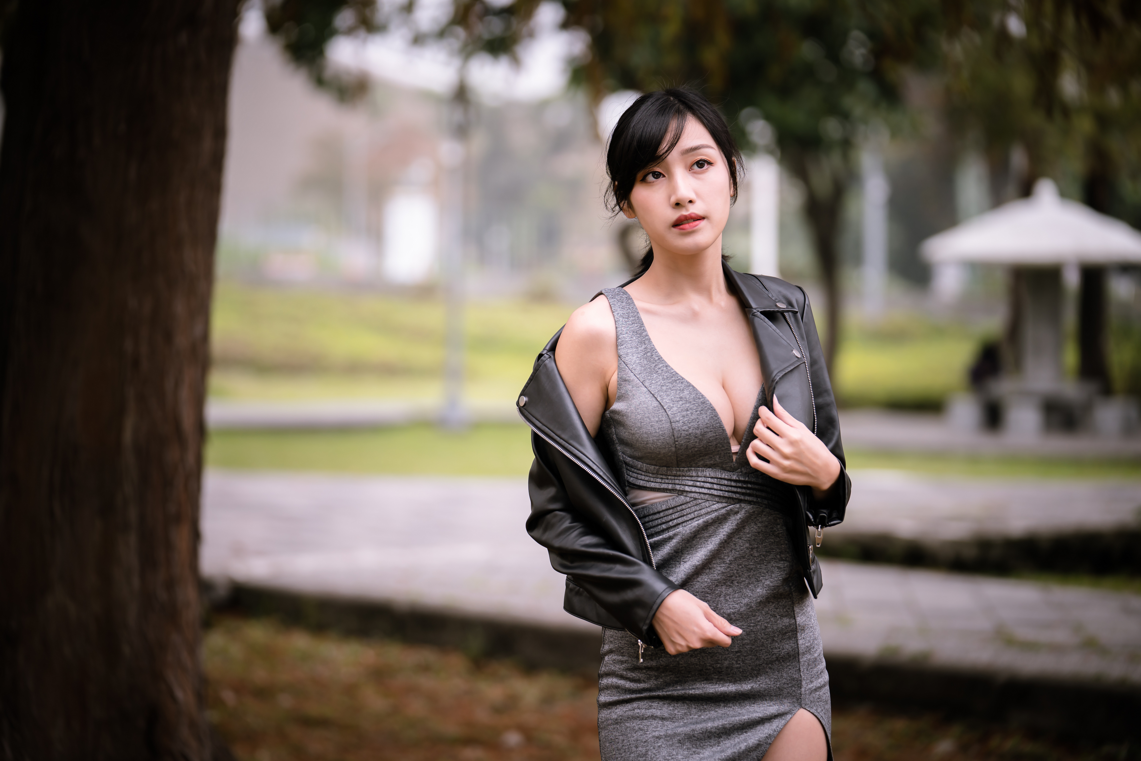 Asian Model Women Depth Of Field Long Hair Dark Hair Leather Jackets Ponytail Trees Grass 4562x3043