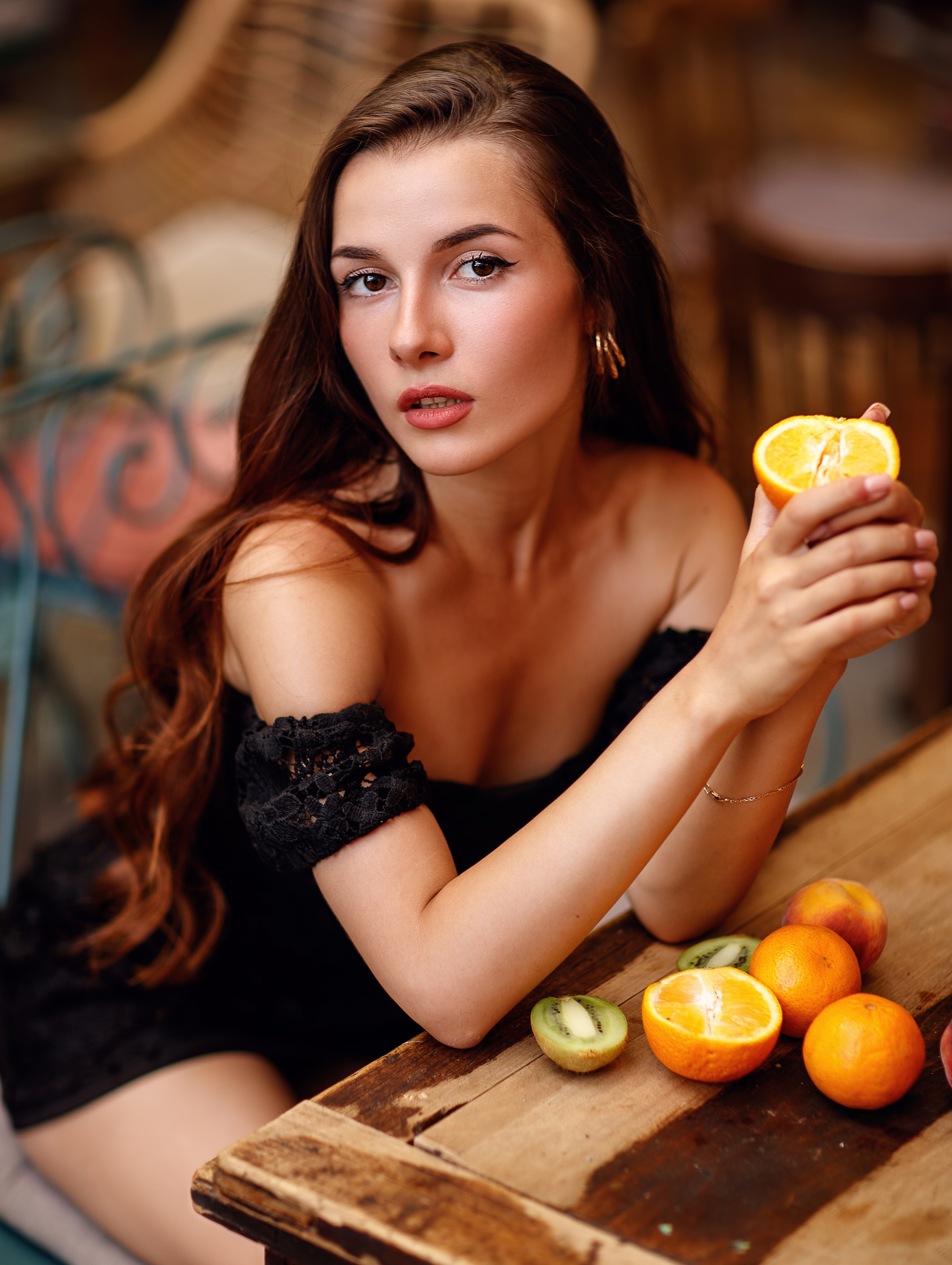 Sergey Sorokin Women Brunette Long Hair Looking At Viewer Bare Shoulders Fruit Orange Fruit Kiwi Fru 1882x2500