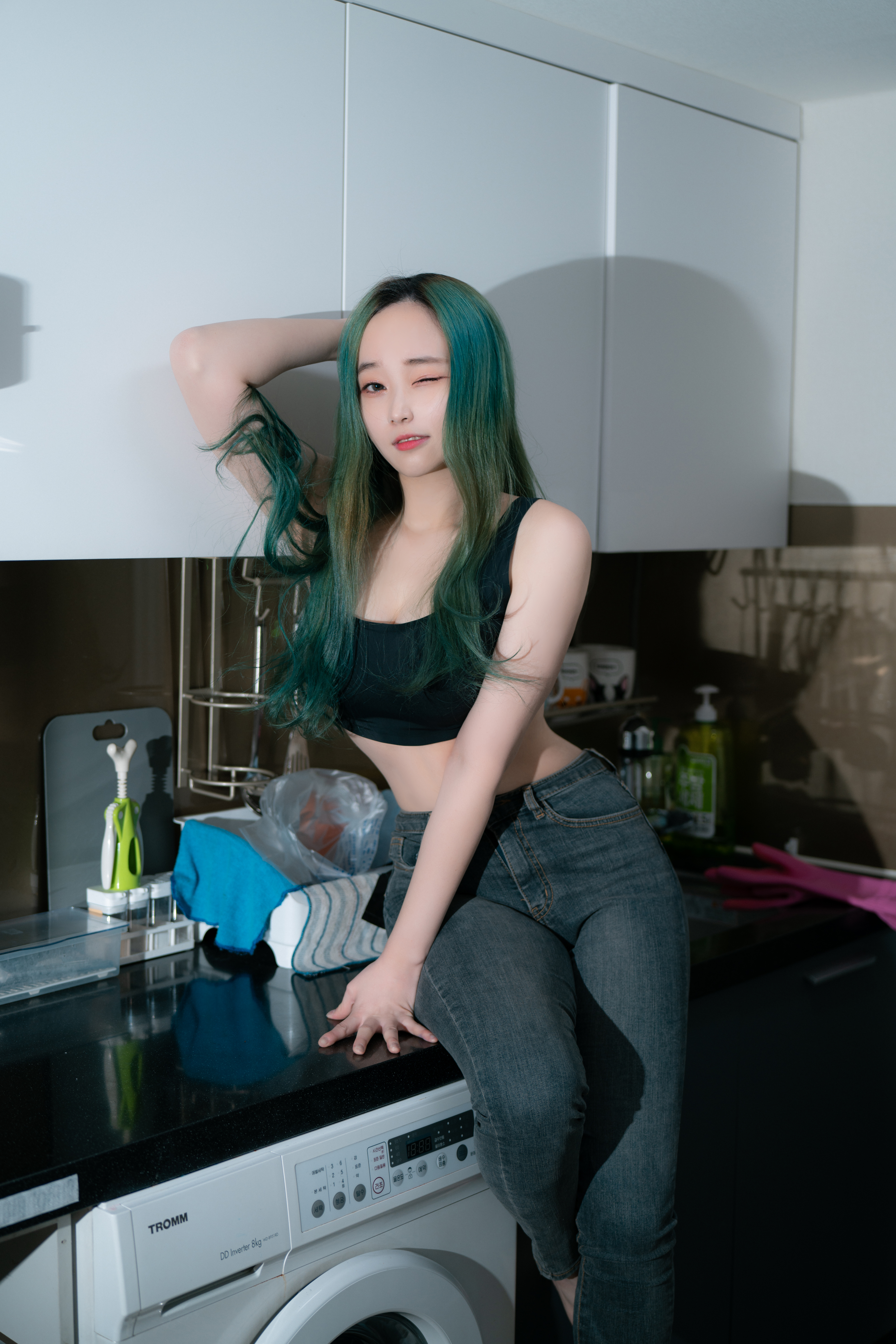 Women Model Asian Casual Black Top Jeans Indoors Women Indoors Kitchen Wink Looking At Viewer 4000x6000