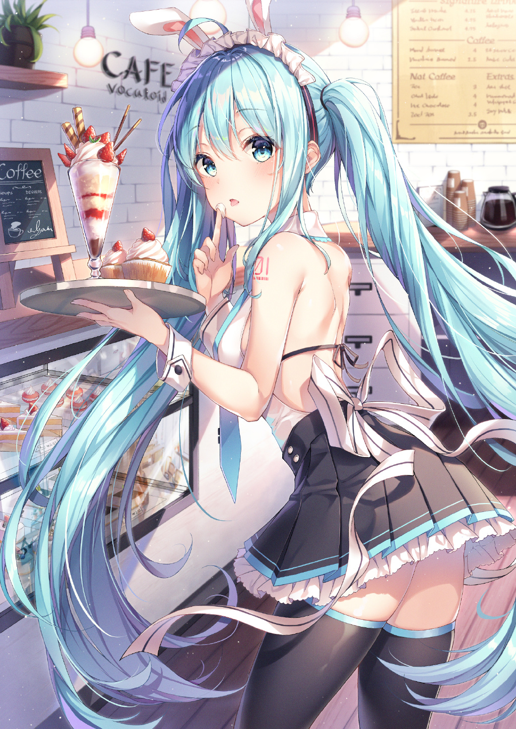 Hatsune Miku Anime Anime Girls Dangmyo Vocaloid Blue Eyes Blue Hair Twintails Maid Outfit Waitress T 1024x1448