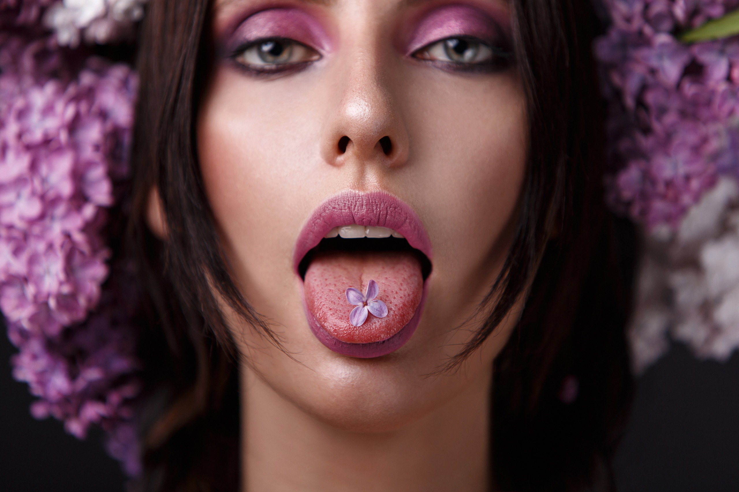 Women Model Brunette Closeup Face Portrait Tongue Out Bokeh Flowers Alexandr Chuprina 2560x1707