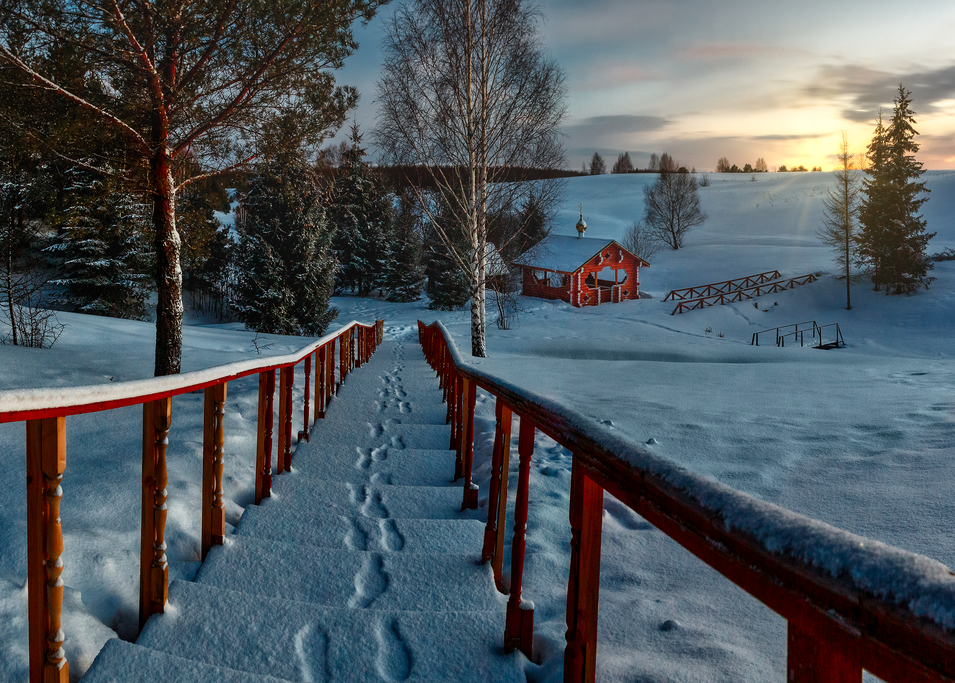 Snow Path Cabin Sun Sunset Trees Snow Covered Steps Outdoors Photography Winter Nature 1920x1372