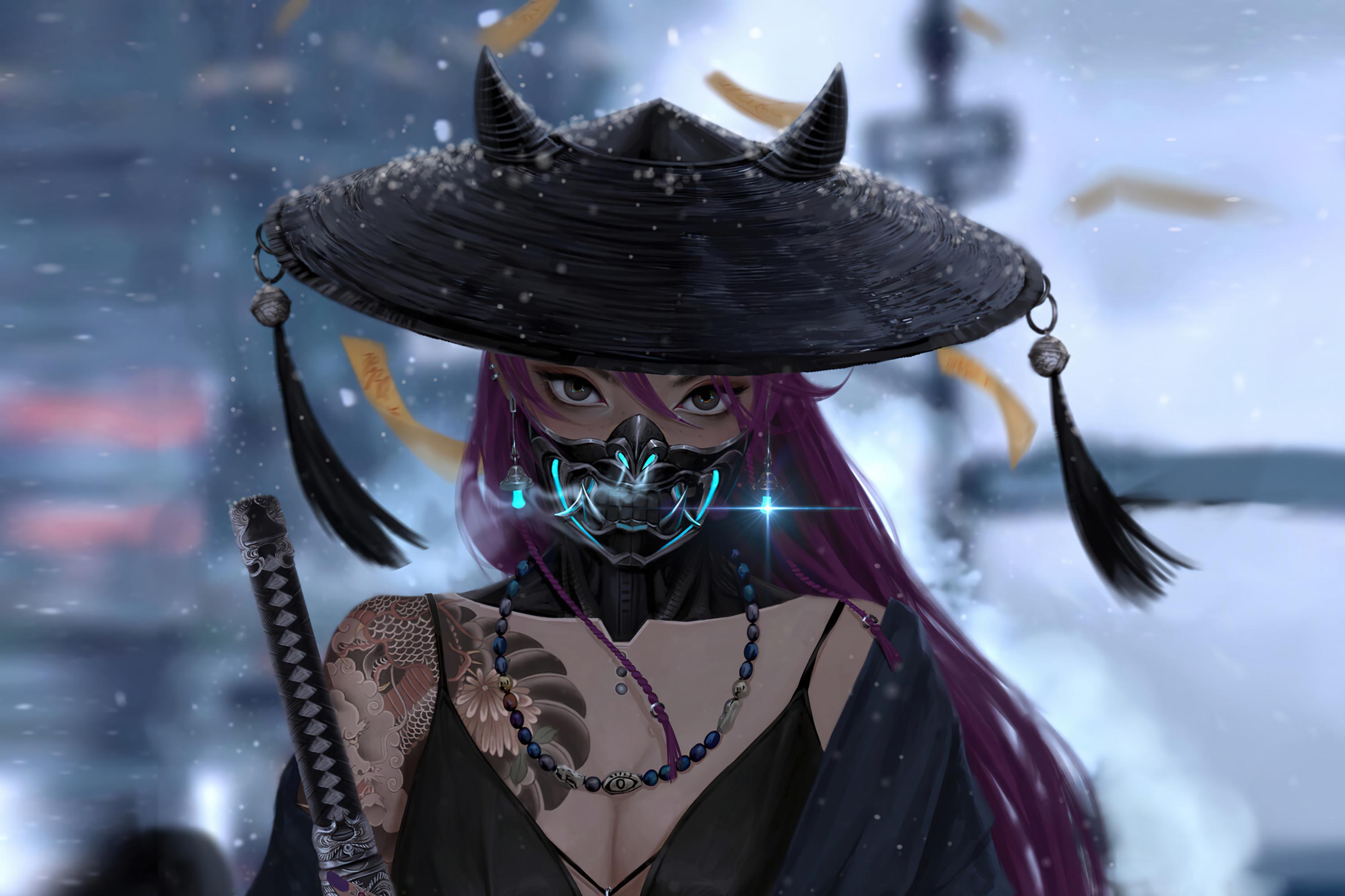 Samurai Warrior Women Katana Sword Hat Mask Purple Hair Tattoo Fantasy Art Fantasy Girl Artwork Digi 3000x2000