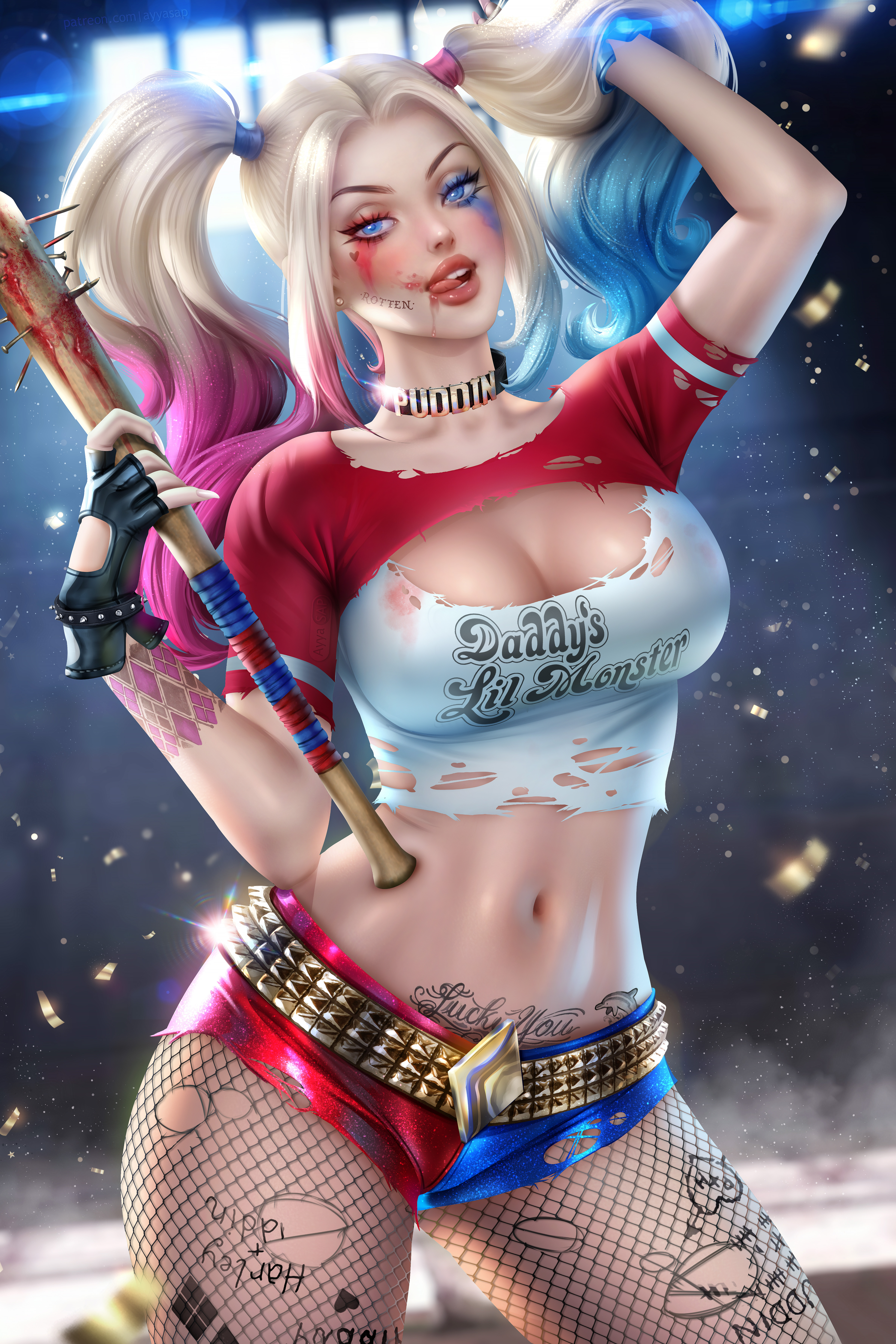 Harley Quinn DC Comics Fictional Character Twintails Licking Lips Smudged Makeup Crop Top Ripped Clo 4800x7200