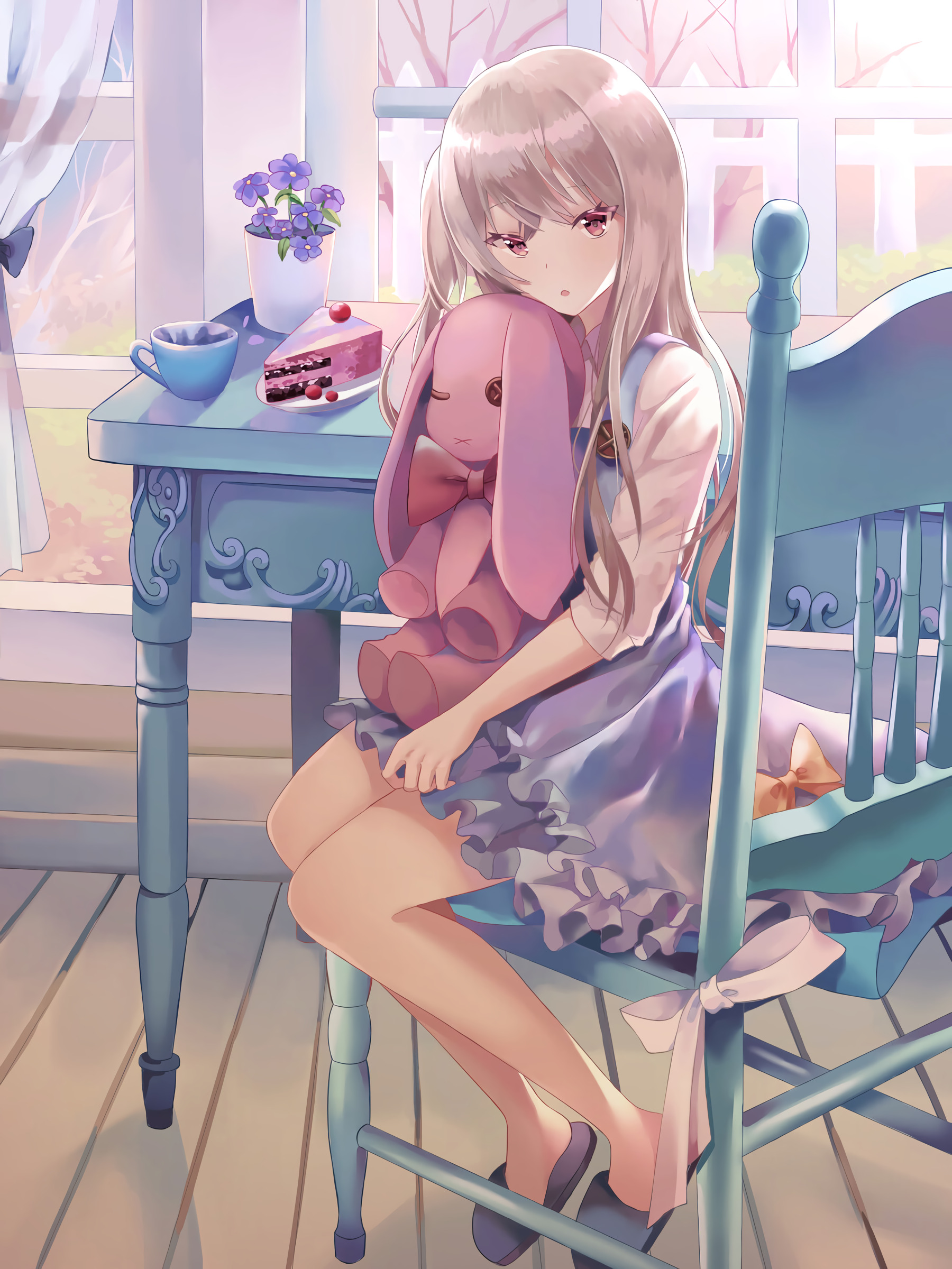 Digital Art Anime Illustration Fall Purple Flowers Stuffed Animal Cake Tea By The Window Sitting Loo 1800x2400