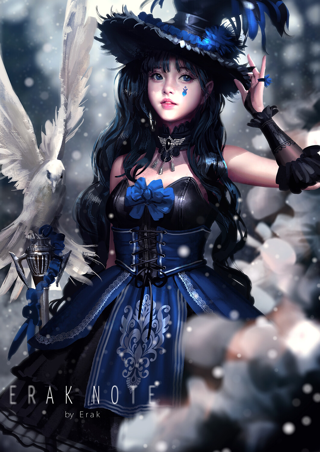 Erak Note Drawing Women Hat Witch Dress Blue Clothing Birds Pigeons Ribbon 1061x1500