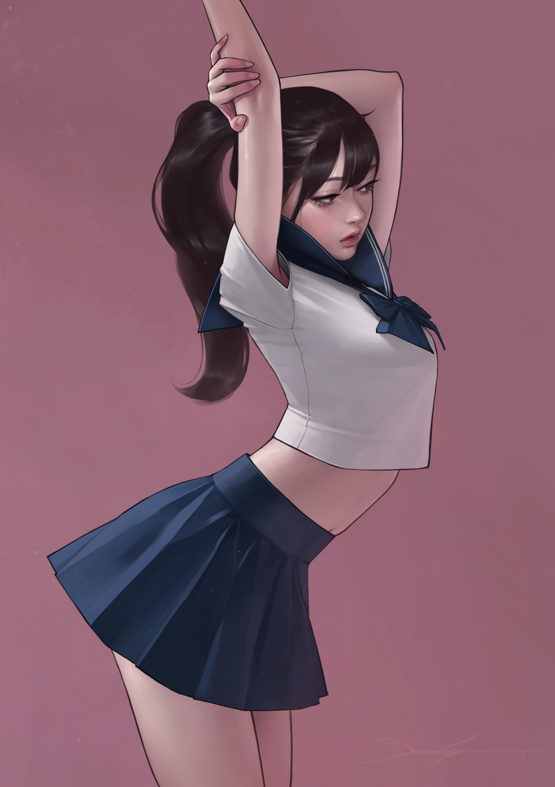 JeeHyung Lee Digital Art Illustration Artwork Skirt Sailor Uniform Long Hair 2D ArtStation Women Asi 1920x2721