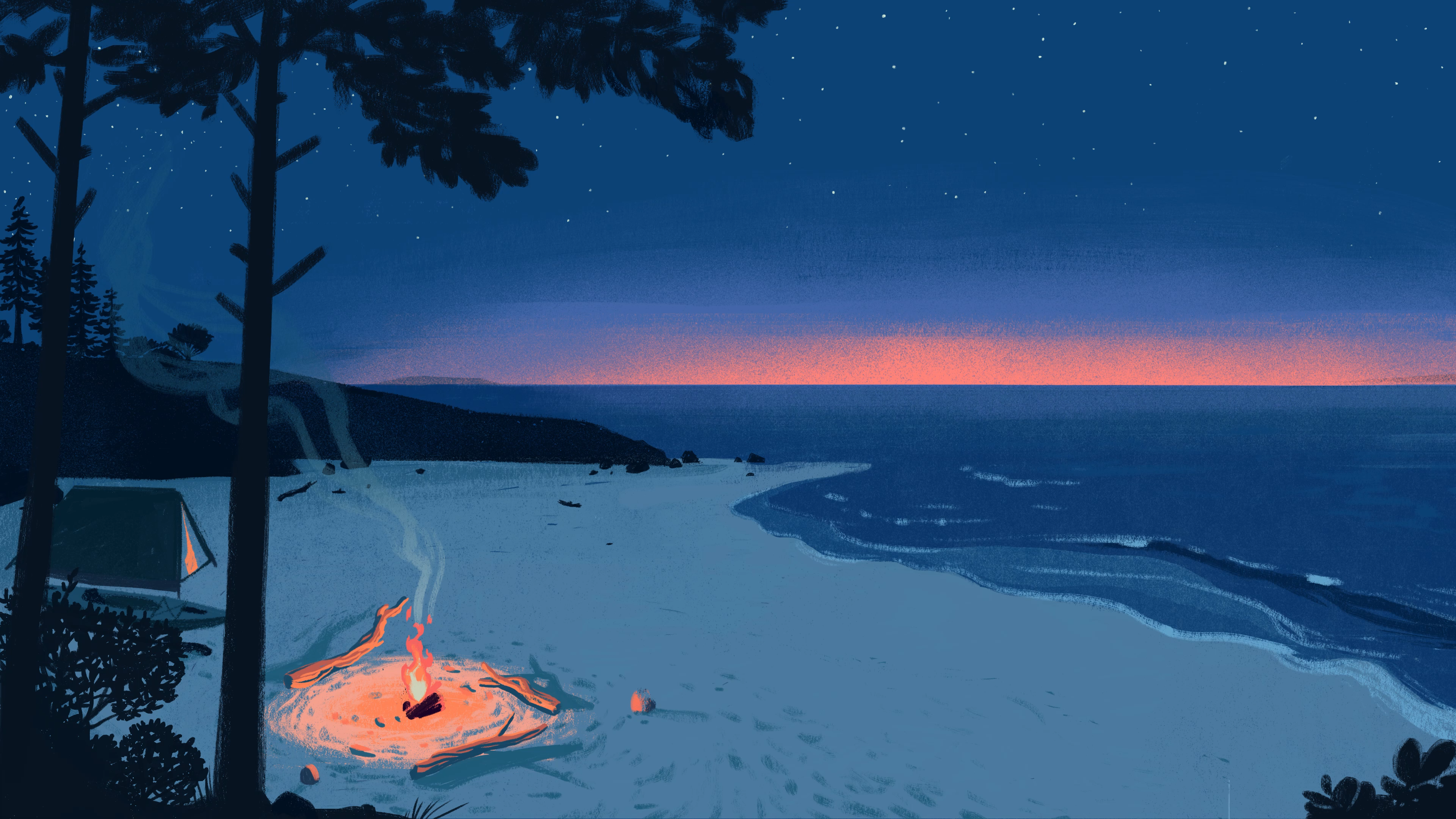 Sea Beach Tent Campfire Sunset Genevieve Lacroix Sand Water Digital Painting Stars 3840x2160
