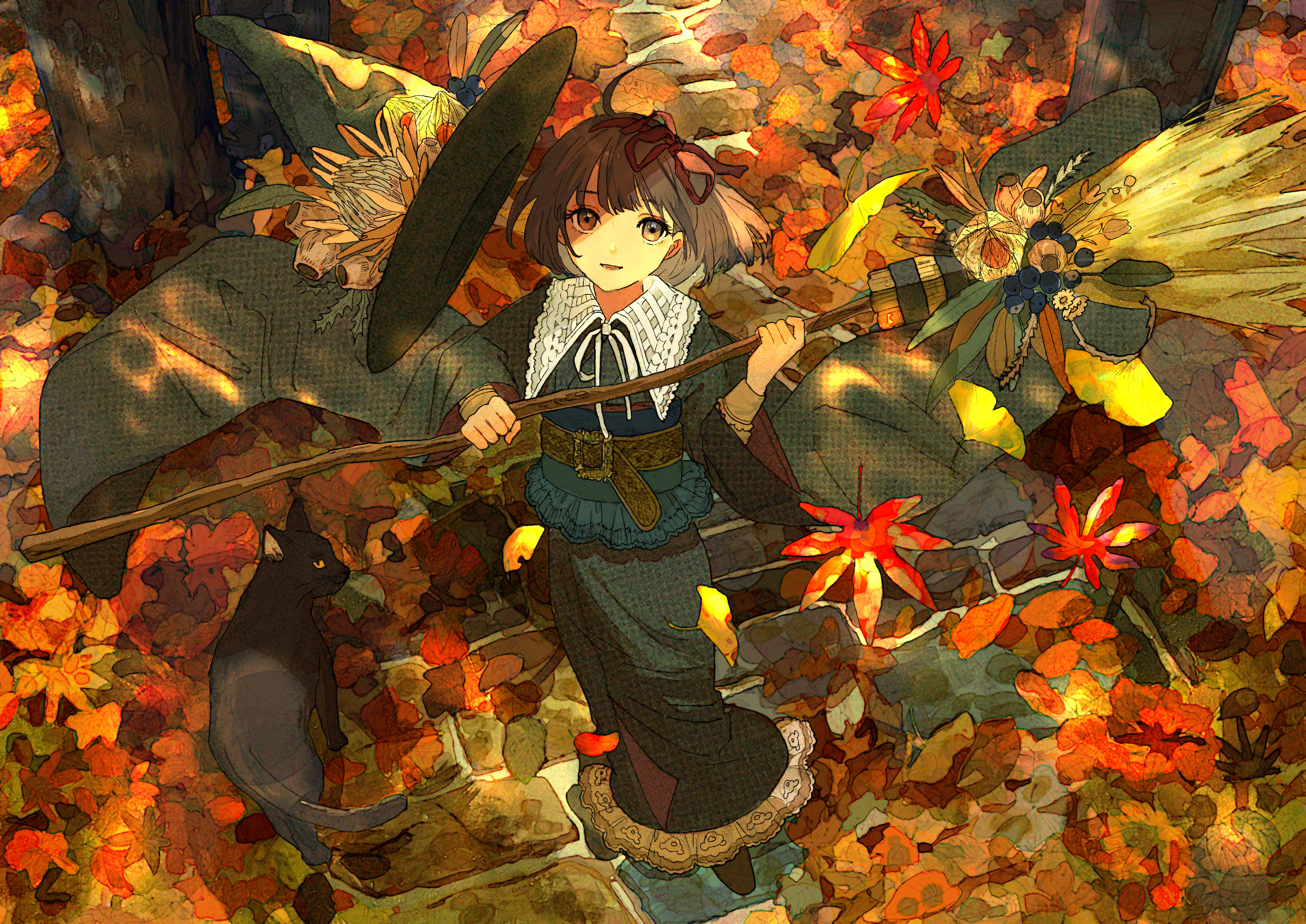 Anime Anime Girls Digital Art Artwork 2D Portrait Qooo003 Fall Cats Witch Witches Broom 3541x2508