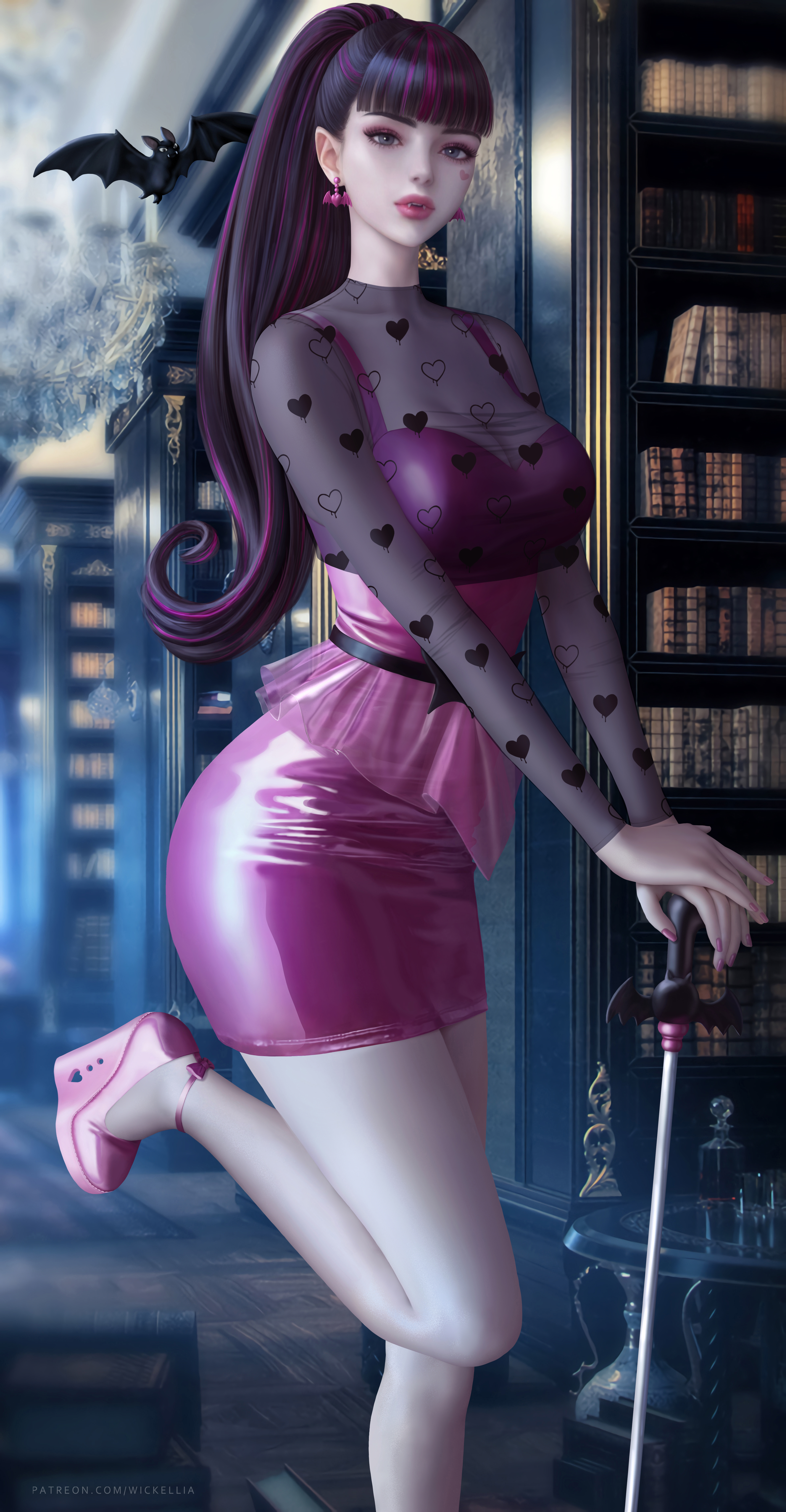 Draculaura Monster High Vampires Fantasy Girl Library Ponytail Bangs Bats Dress Pink Dress Artwork D 3900x7500
