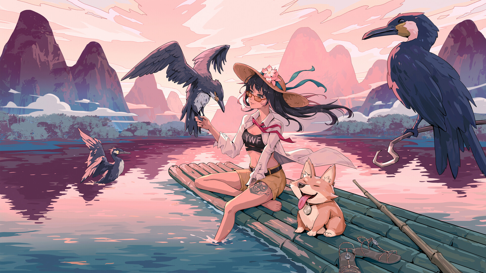 Wenfei Ye Drawing Women Wind Anime Girls Hat Dog Corgi Birds Animals Water Reflection Pink Raft 1920x1080