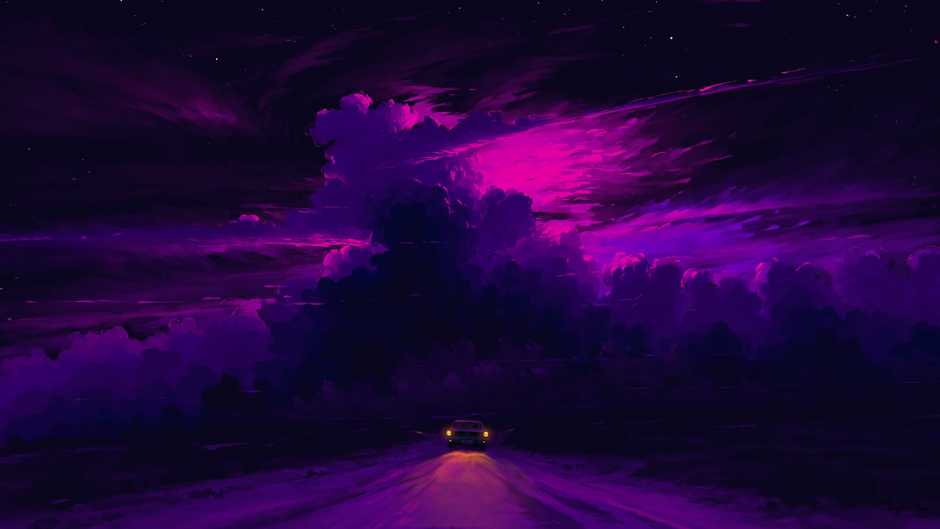 Digital Painting Driving Night Sky Clouds Car BisBiswas 1920x1080