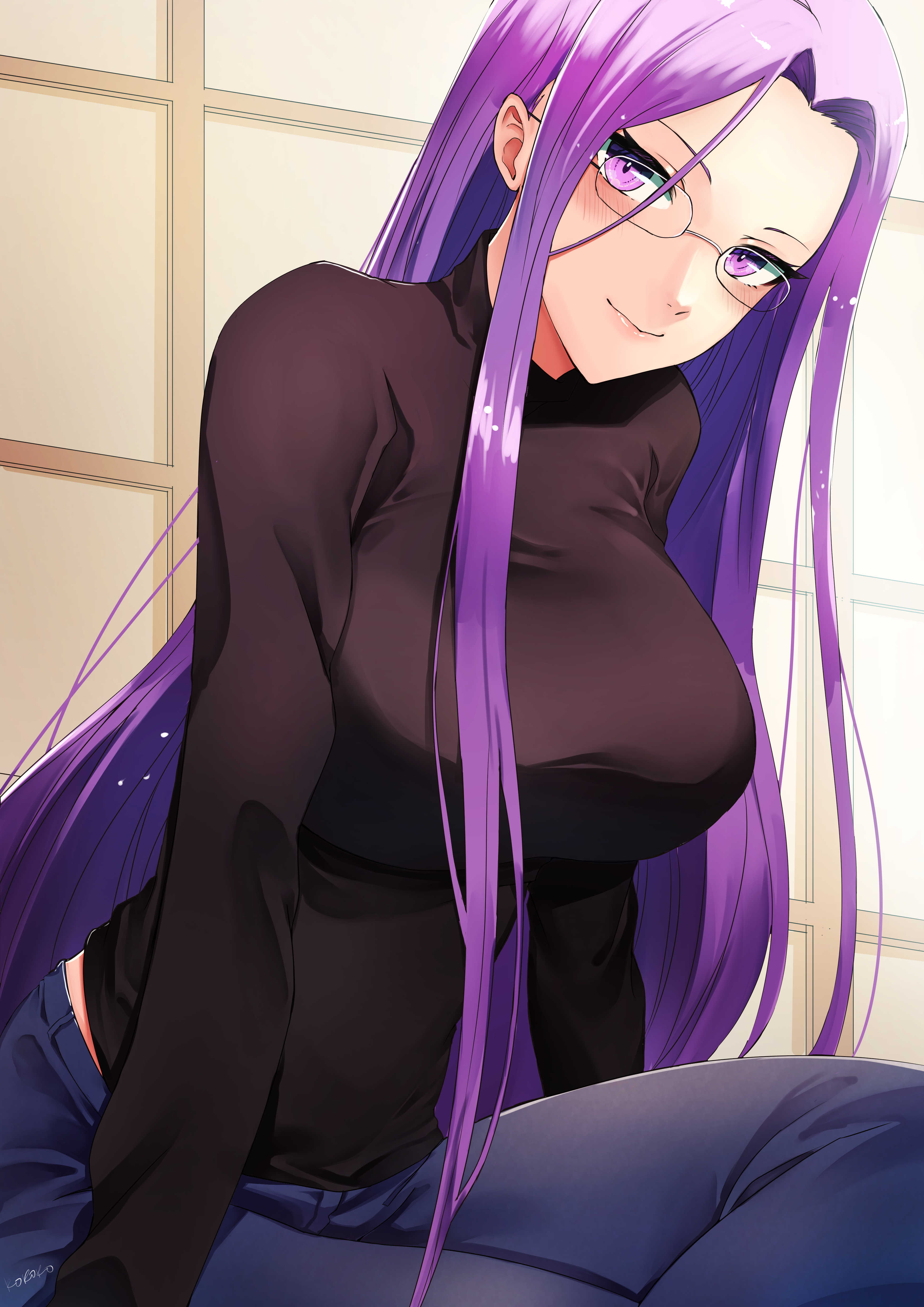 Fate Stay Night Heavens Feel Fate Stay Night Fate Series Purple Hair Jeans Black Sweater Blushing Lo 3508x4961