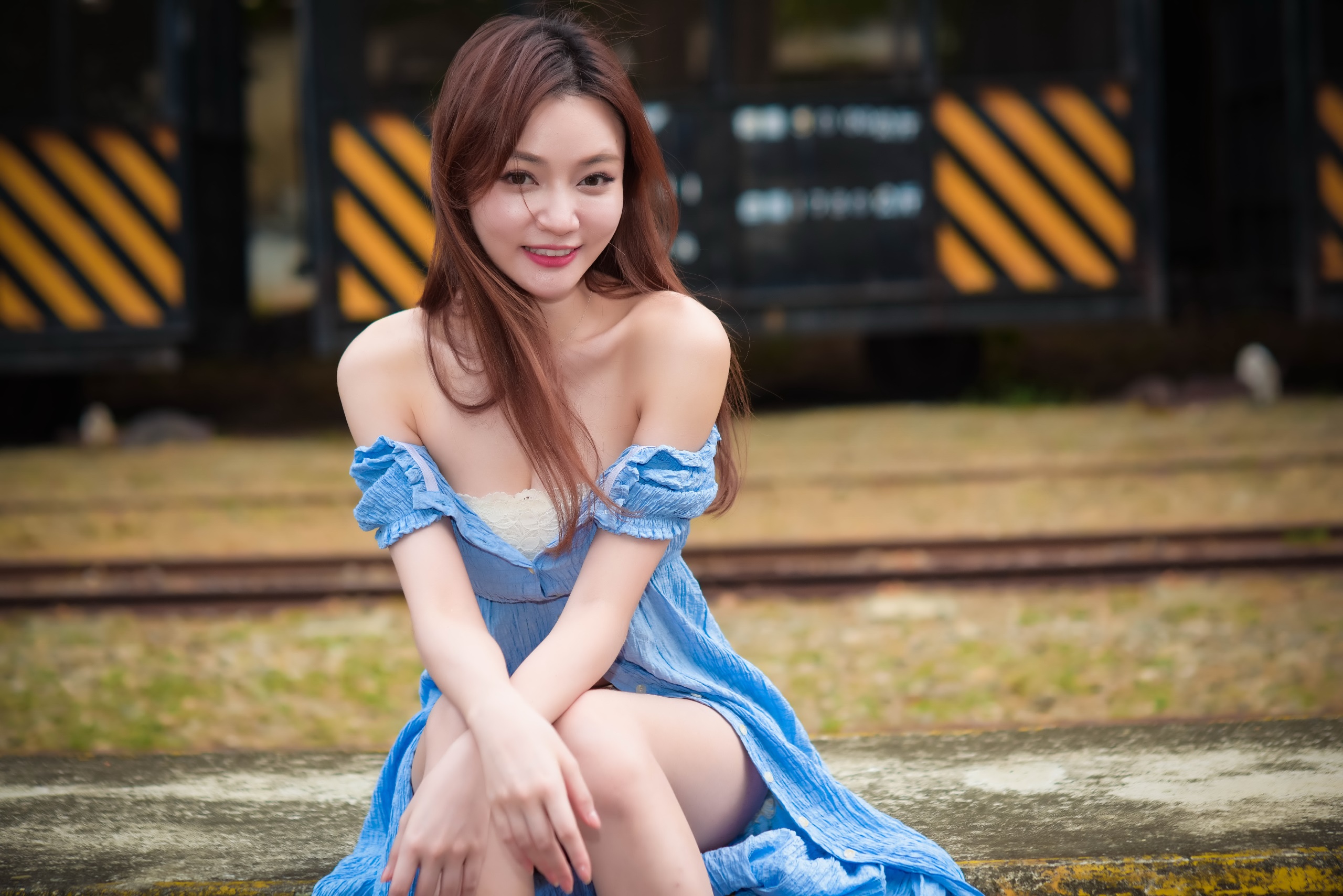 Asian Women Dress Blue Dress Sitting Blue Clothing Smiling Red Lipstick Women Outdoors Model Dyed Ha 2560x1709