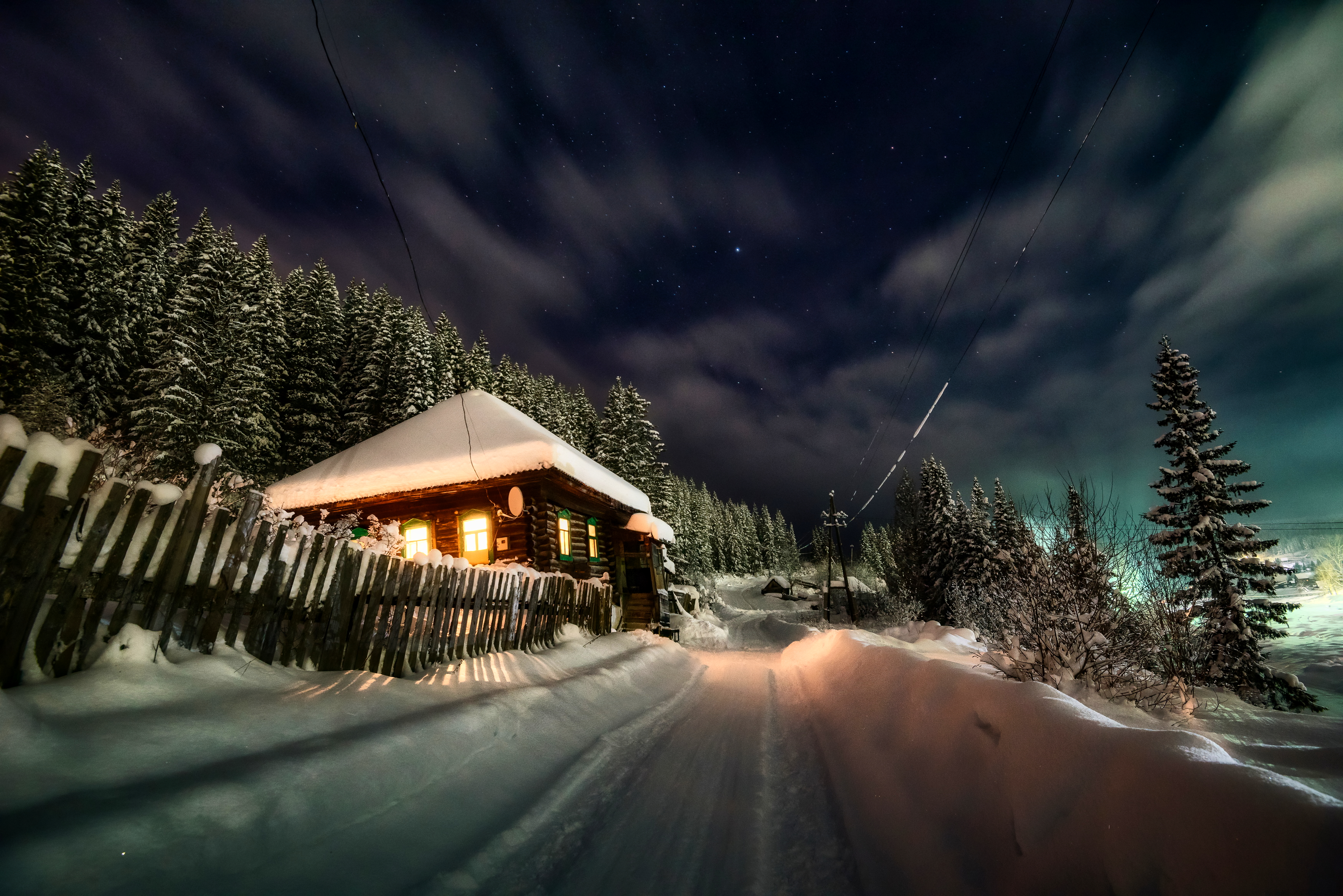 Urban Road Snow Winter Snow Covered Lights House Night Photography Outdoors 3500x2335