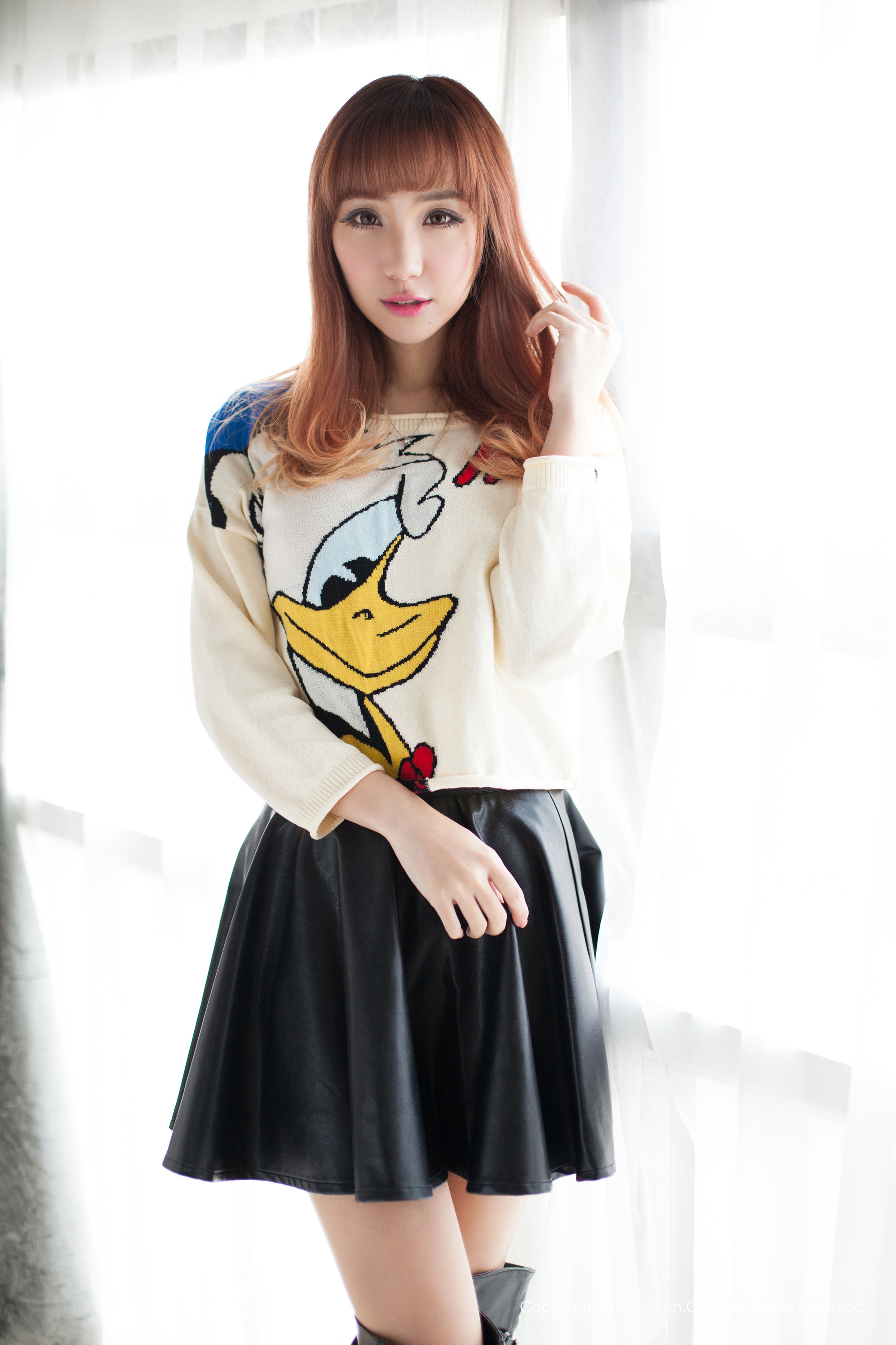 Women Asian Chinese Model Long Hair Leather Skirts Donald Duck Sweater 2400x3600